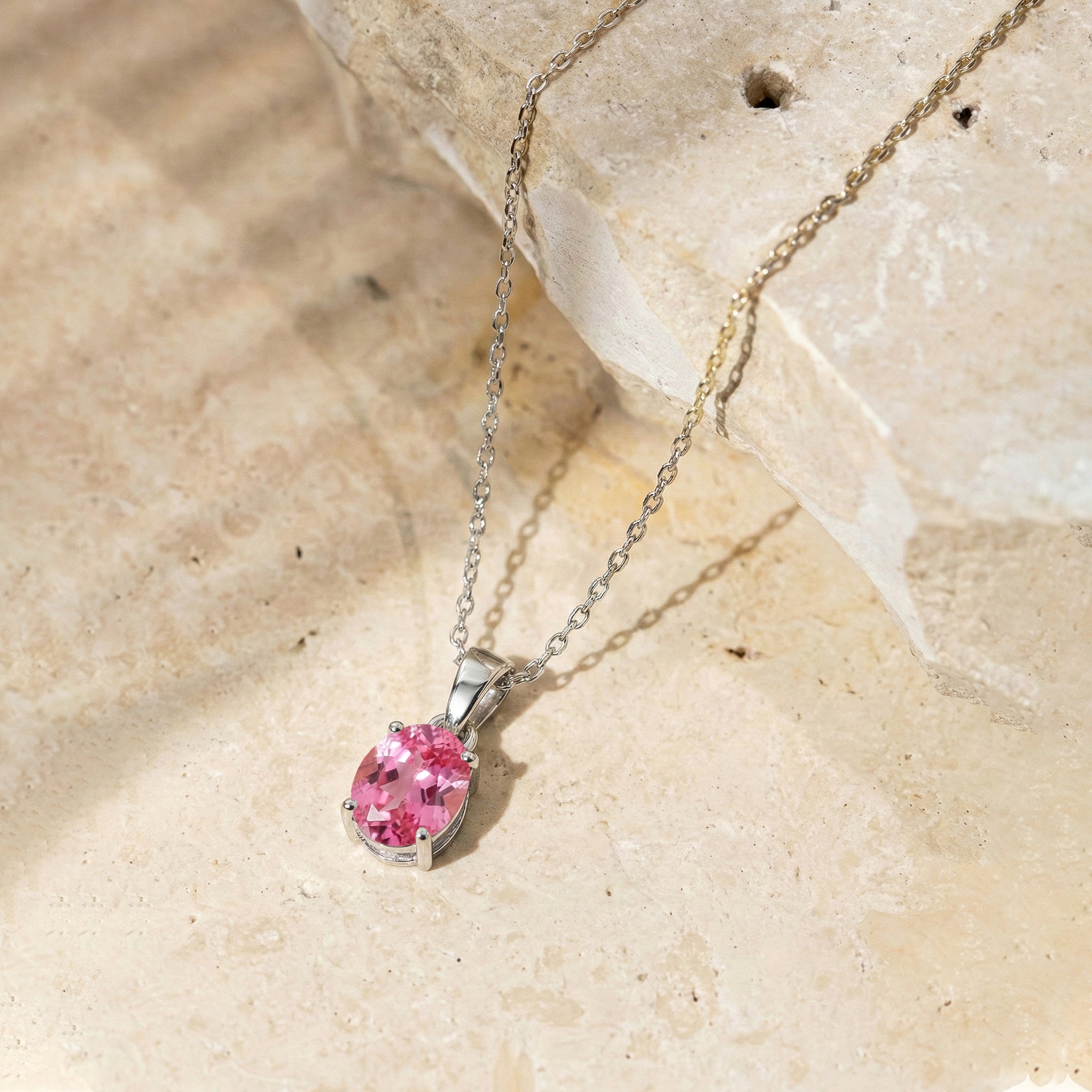 Pink Tourmaline Solitaire Pendant Necklace in 925 Sterling Silver 9x7 MM 1.4ct