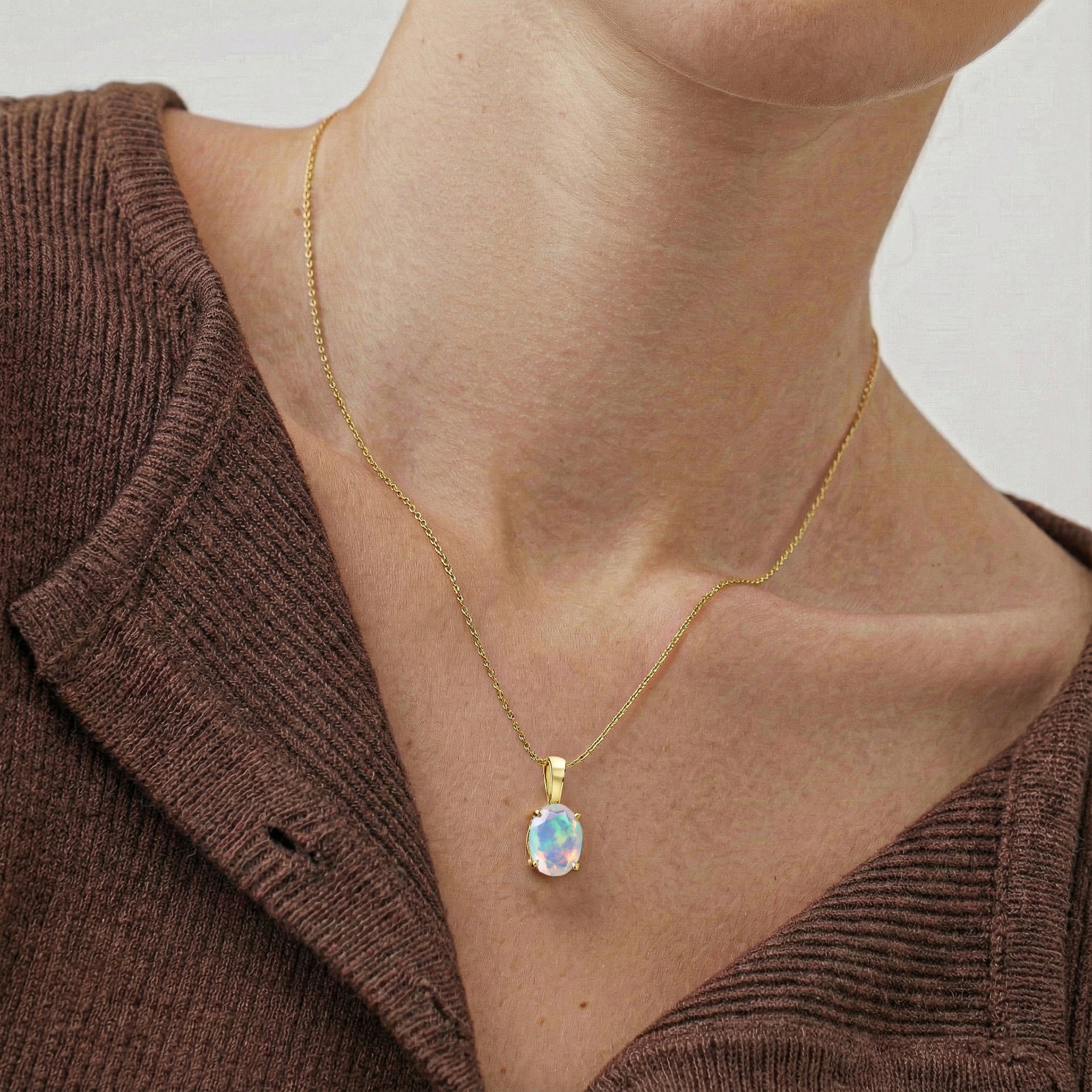 White Opal Solitaire Pendant Necklace in Yellow Gold Plated 9x7 MM 1.4ct