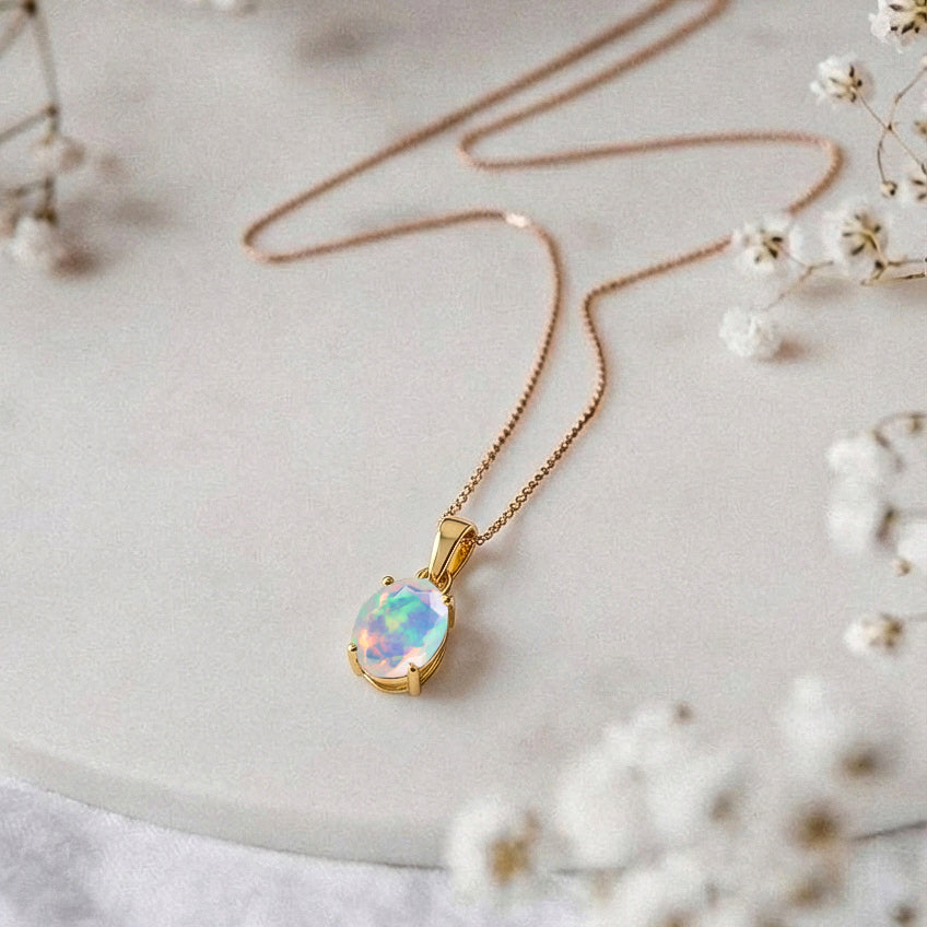 White Opal Solitaire Pendant Necklace in Yellow Gold Plated 9x7 MM 1.4ct