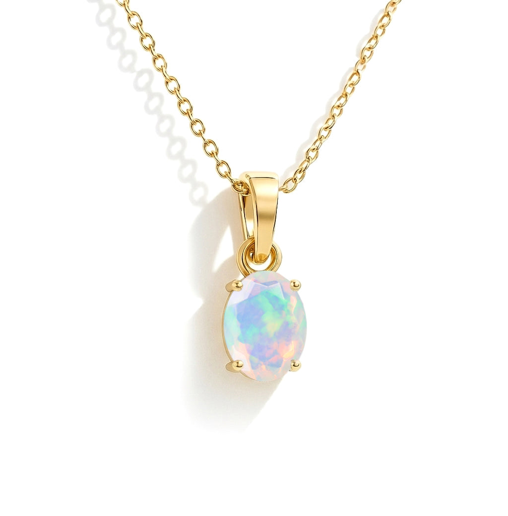 White Opal Solitaire Pendant Necklace in Yellow Gold Plated 9x7 MM 1.4ct