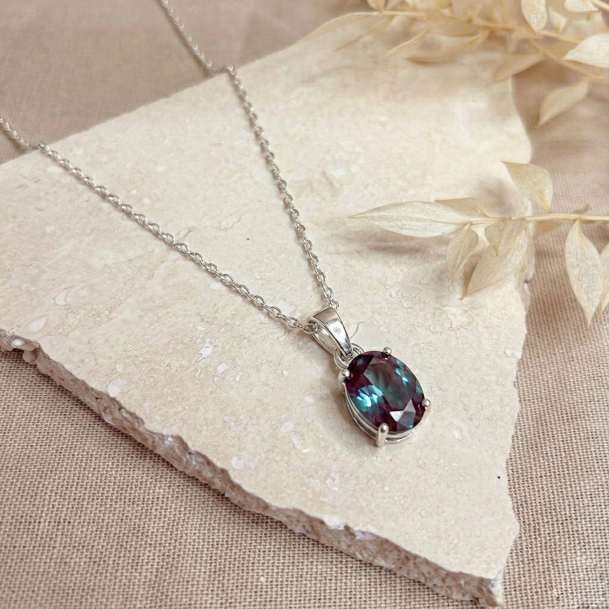Alexandrite Solitaire Pendant Necklace in 925 Sterling Silver 9x7 MM 1.4ct