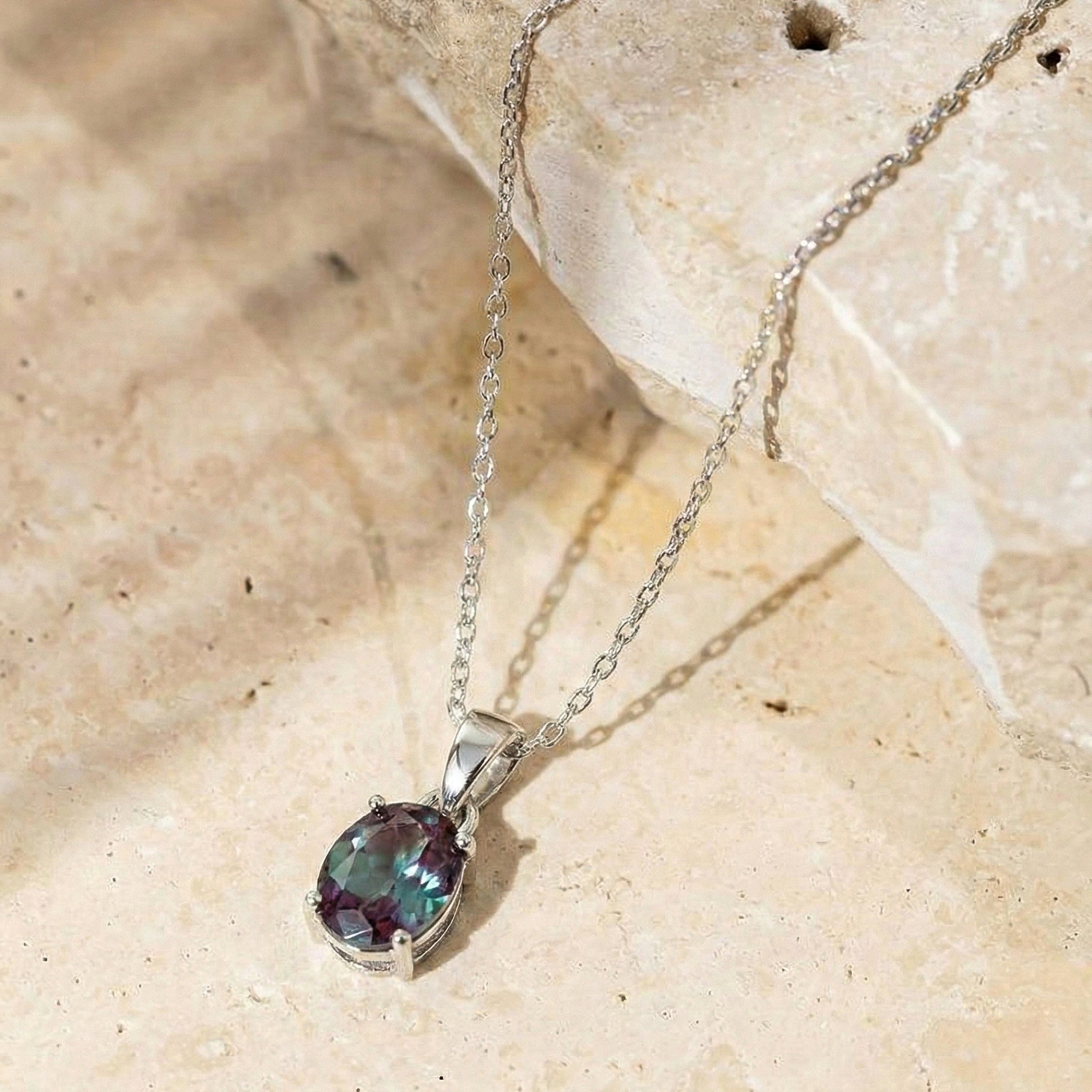 Alexandrite Solitaire Pendant Necklace in 925 Sterling Silver 9x7 MM 1.4ct