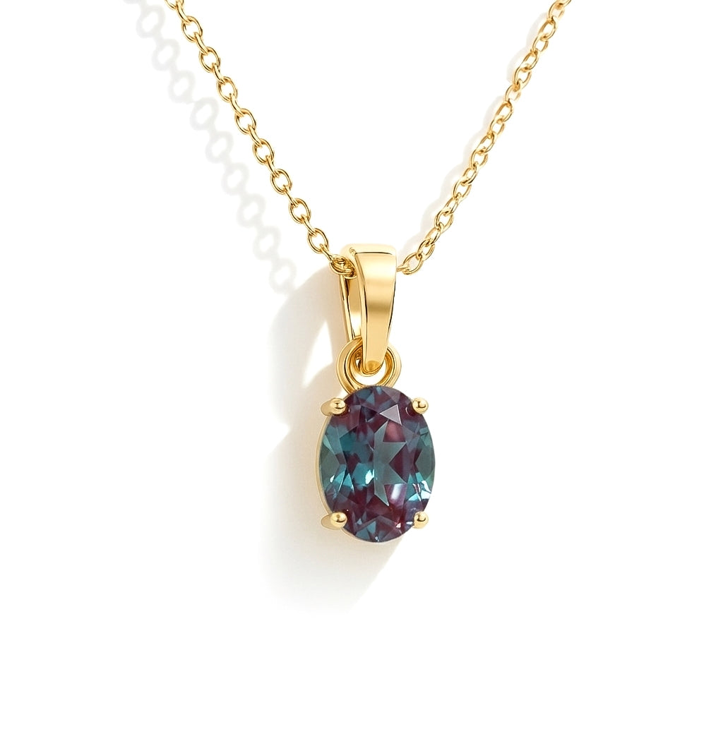 Alexandrite Solitaire Pendant Necklace in Yellow Gold Plated 9x7 MM 1.4ct