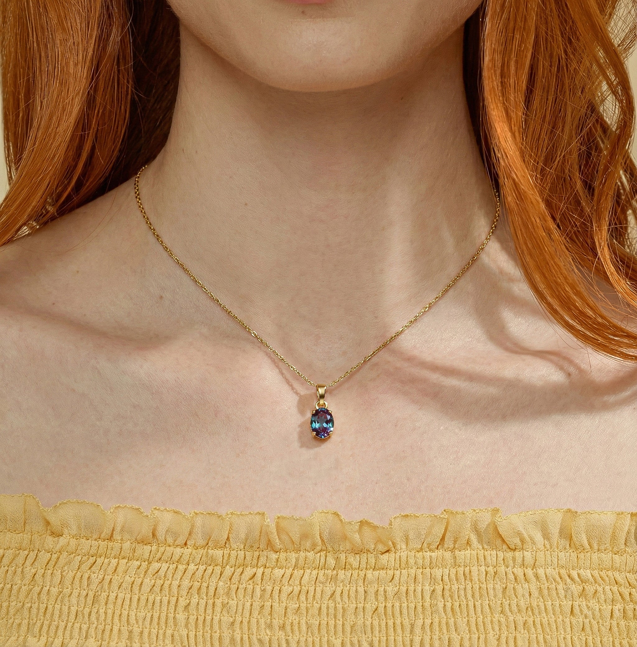 Alexandrite Solitaire Pendant Necklace in 925 Sterling Silver 9x7 MM 1.4ct