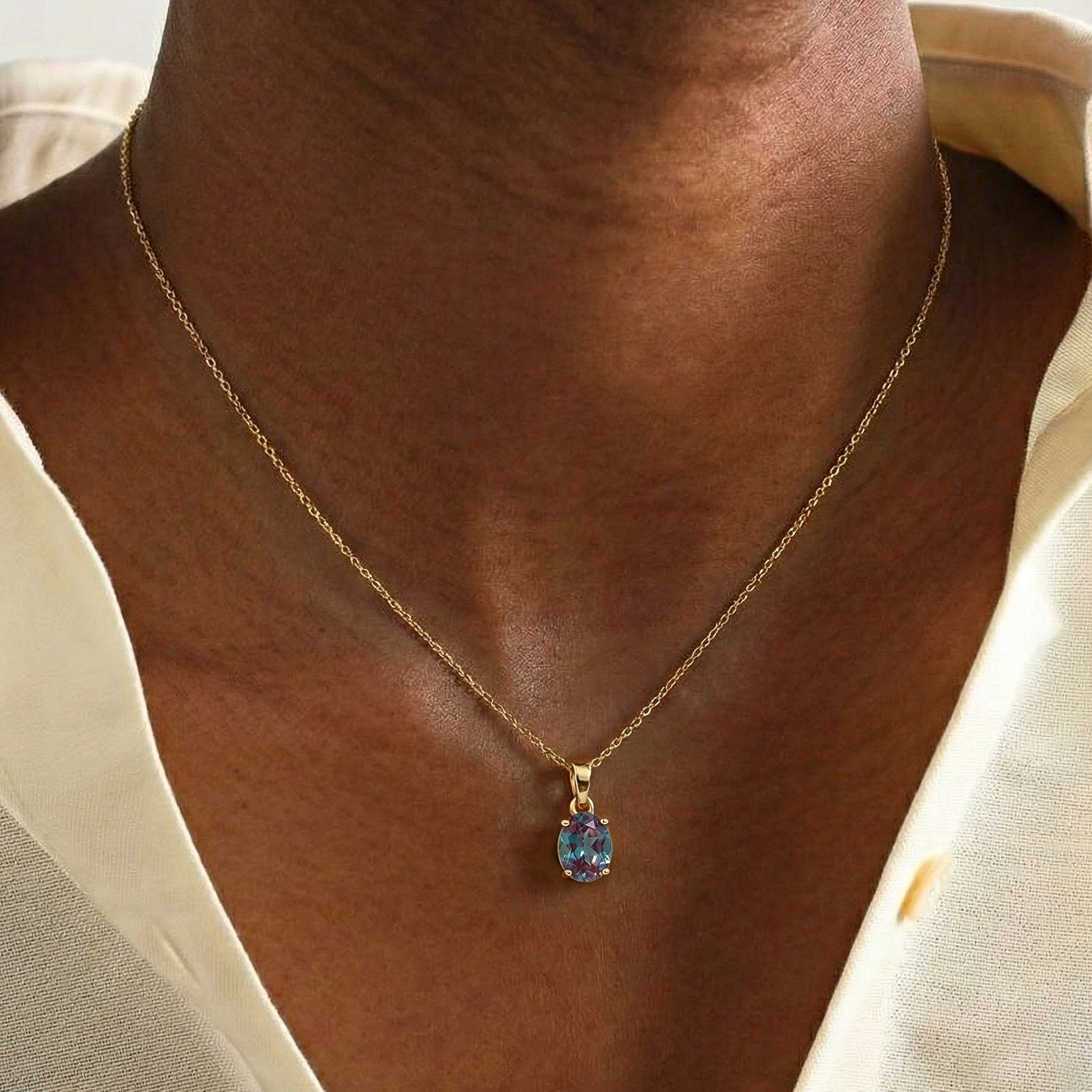 Alexandrite Solitaire Pendant Necklace in 925 Sterling Silver 9x7 MM 1.4ct