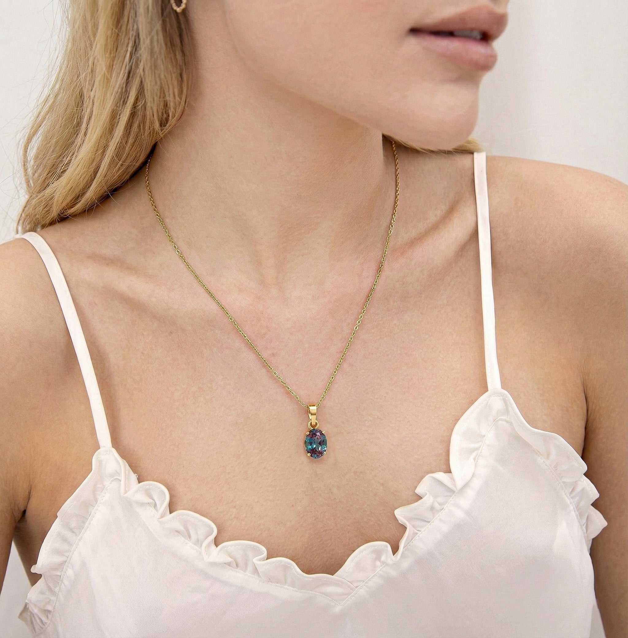 Alexandrite Solitaire Pendant Necklace in Yellow Gold Plated 9x7 MM 1.4ct