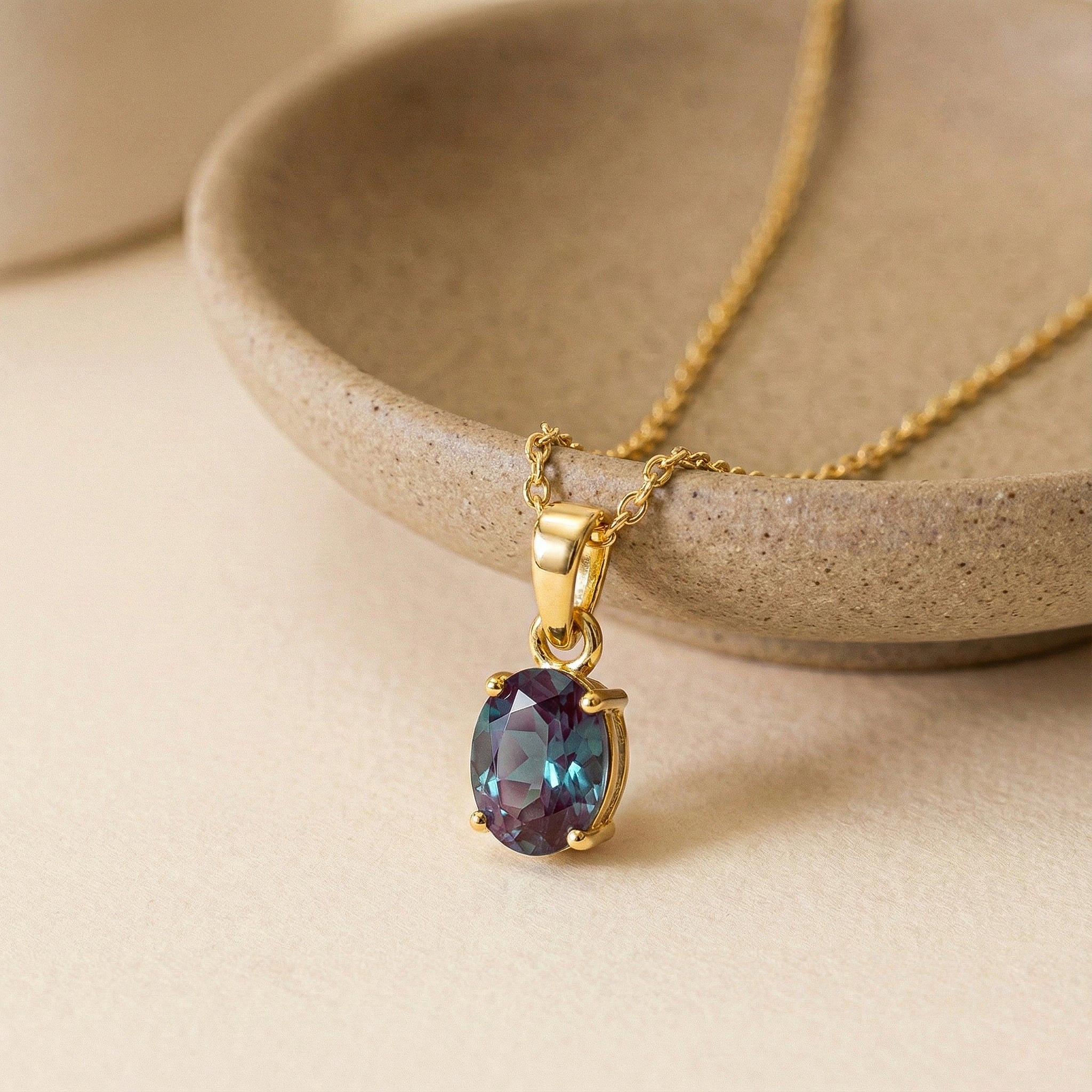 Alexandrite Solitaire Pendant Necklace in Yellow Gold Plated 9x7 MM 1.4ct