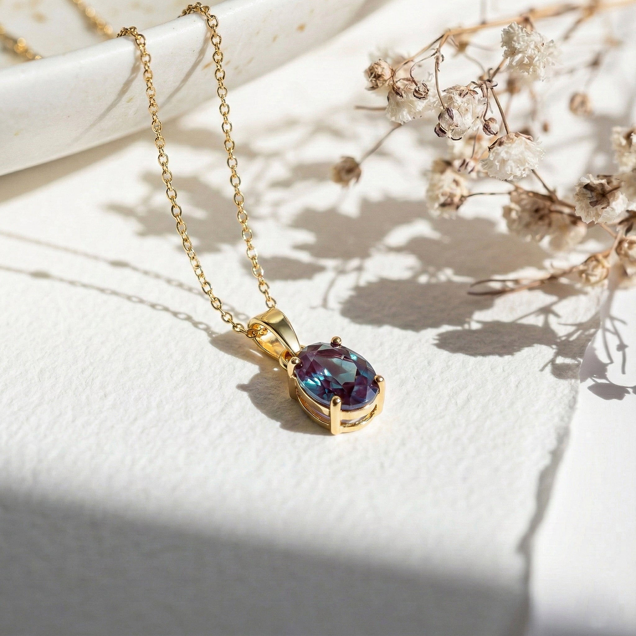 Alexandrite Solitaire Pendant Necklace in Yellow Gold Plated 9x7 MM 1.4ct