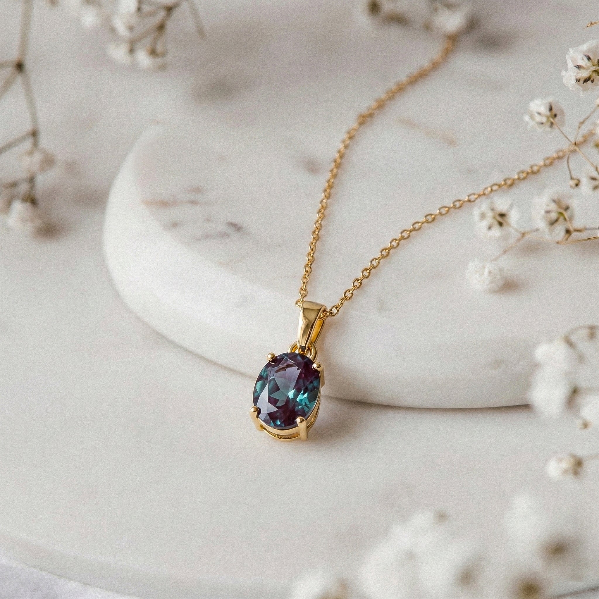 Alexandrite Solitaire Pendant Necklace in 925 Sterling Silver 9x7 MM 1.4ct