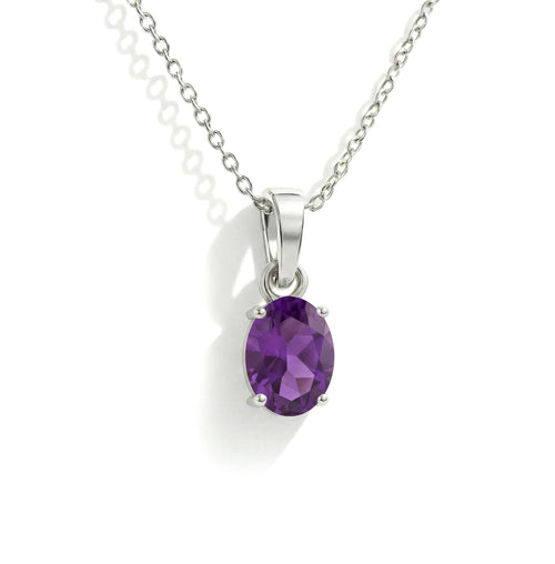 Amethyst Solitaire Pendant Necklace in 925 Sterling Silver 9x7 MM 1.4ct