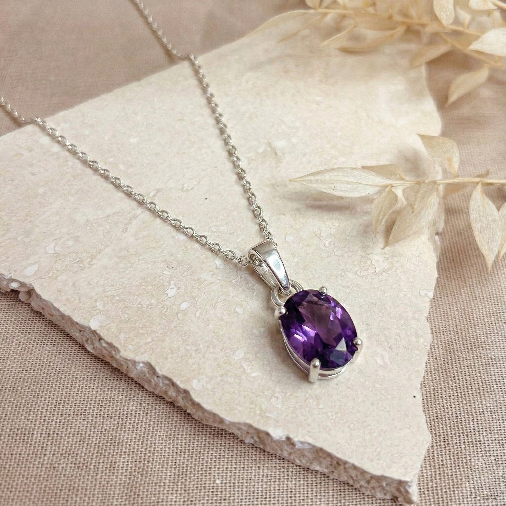 Amethyst Solitaire Pendant Necklace in 925 Sterling Silver 9x7 MM 1.4ct