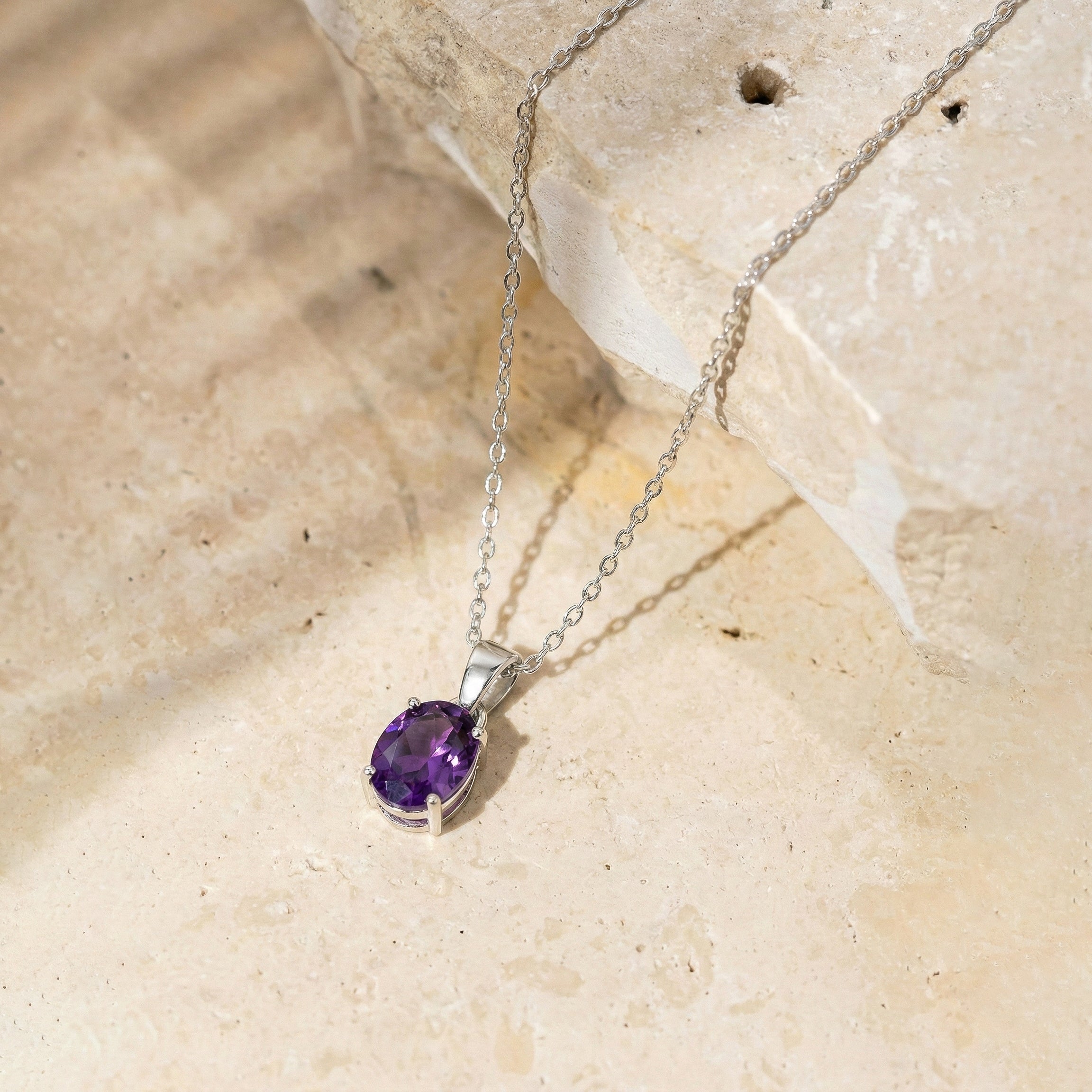 Amethyst Solitaire Pendant Necklace in 925 Sterling Silver 9x7 MM 1.4ct