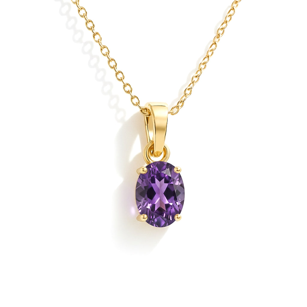 Amethyst Solitaire Pendant Necklace in Yellow Gold Plated 9x7 MM 1.4ct
