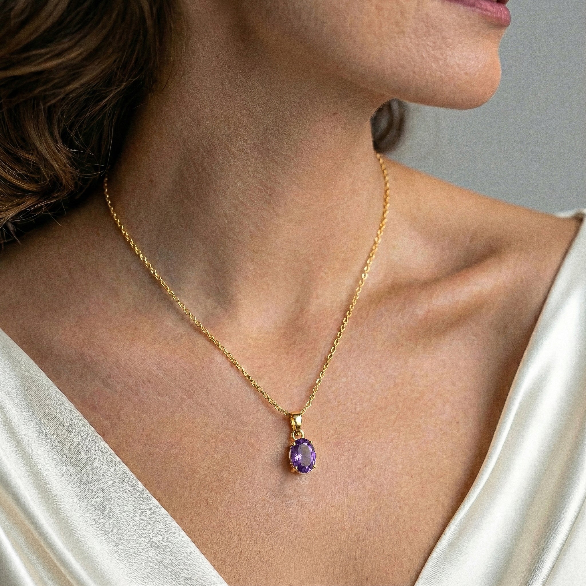 Amethyst Solitaire Pendant Necklace in 925 Sterling Silver 9x7 MM 1.4ct