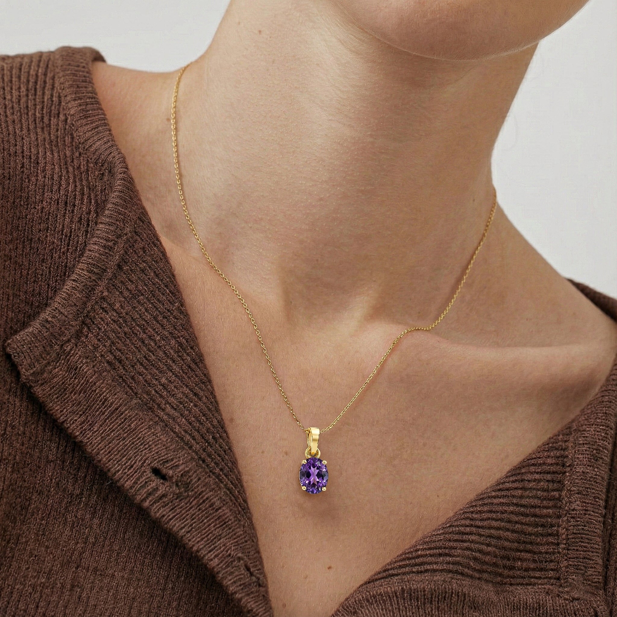 Amethyst Solitaire Pendant Necklace in 925 Sterling Silver 9x7 MM 1.4ct