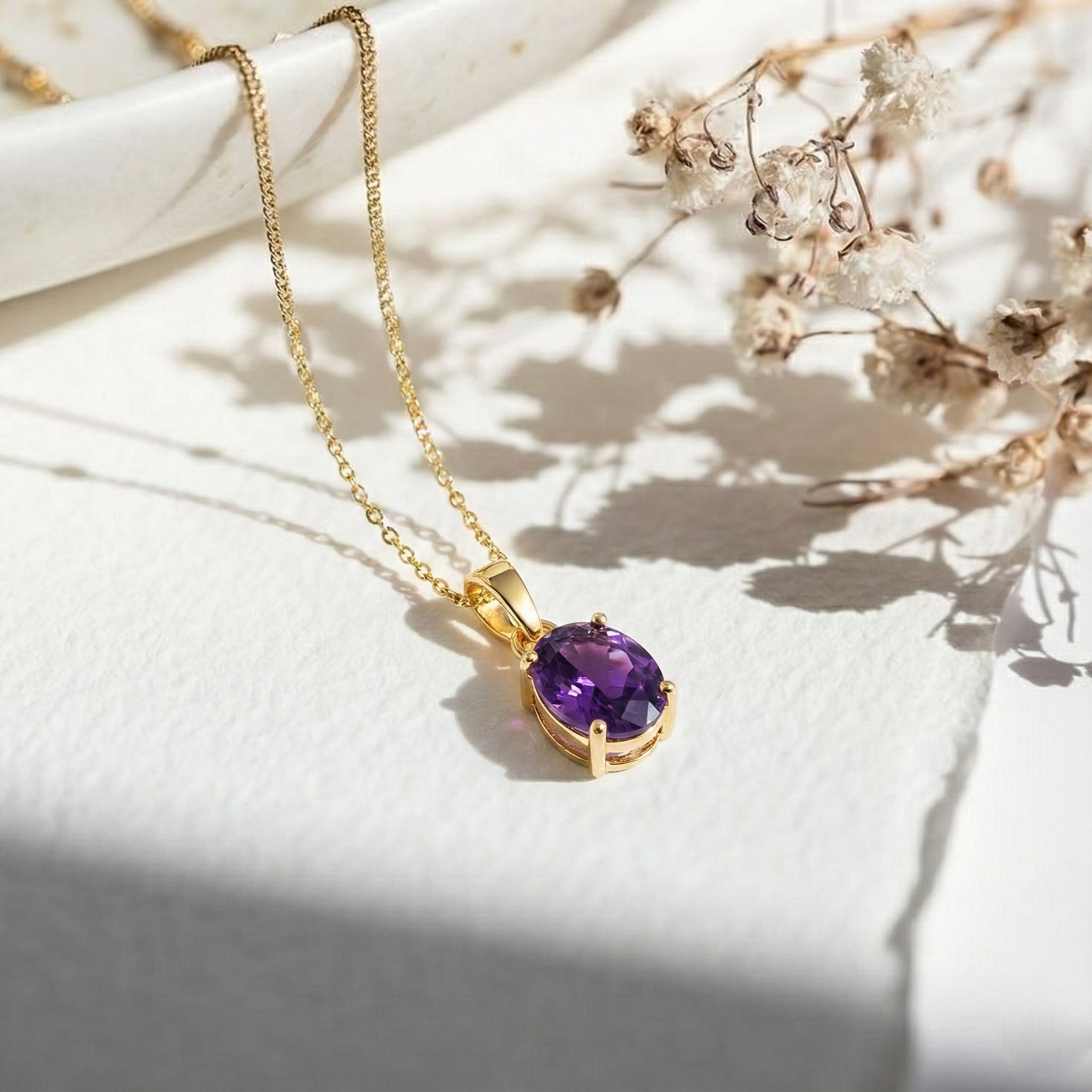 Amethyst Solitaire Pendant Necklace in 925 Sterling Silver 9x7 MM 1.4ct