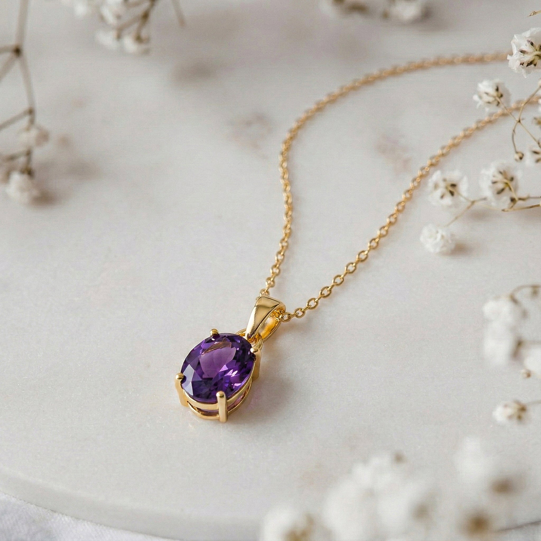 Amethyst Solitaire Pendant Necklace in 925 Sterling Silver 9x7 MM 1.4ct