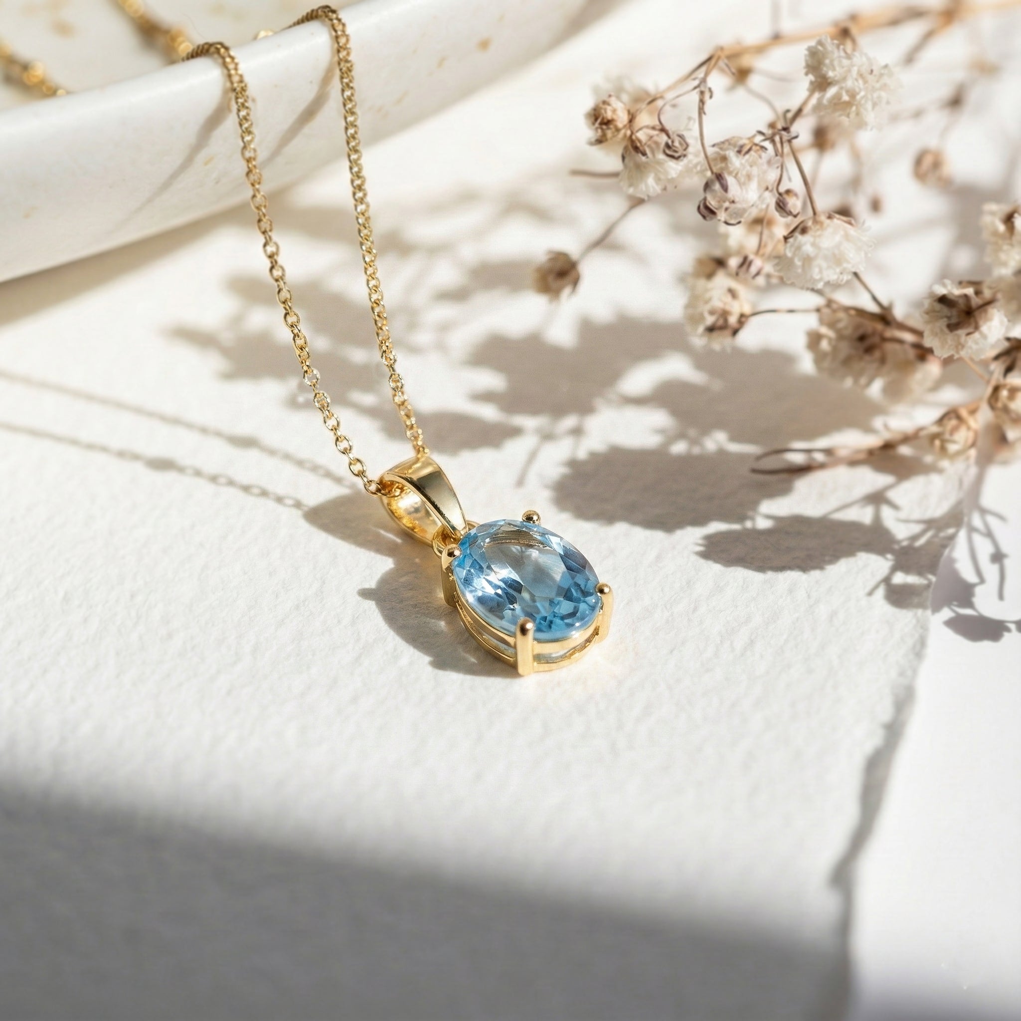 Aquamarine Solitaire Pendant Necklace in Yellow Gold Plated 9x7 MM 1.4ct