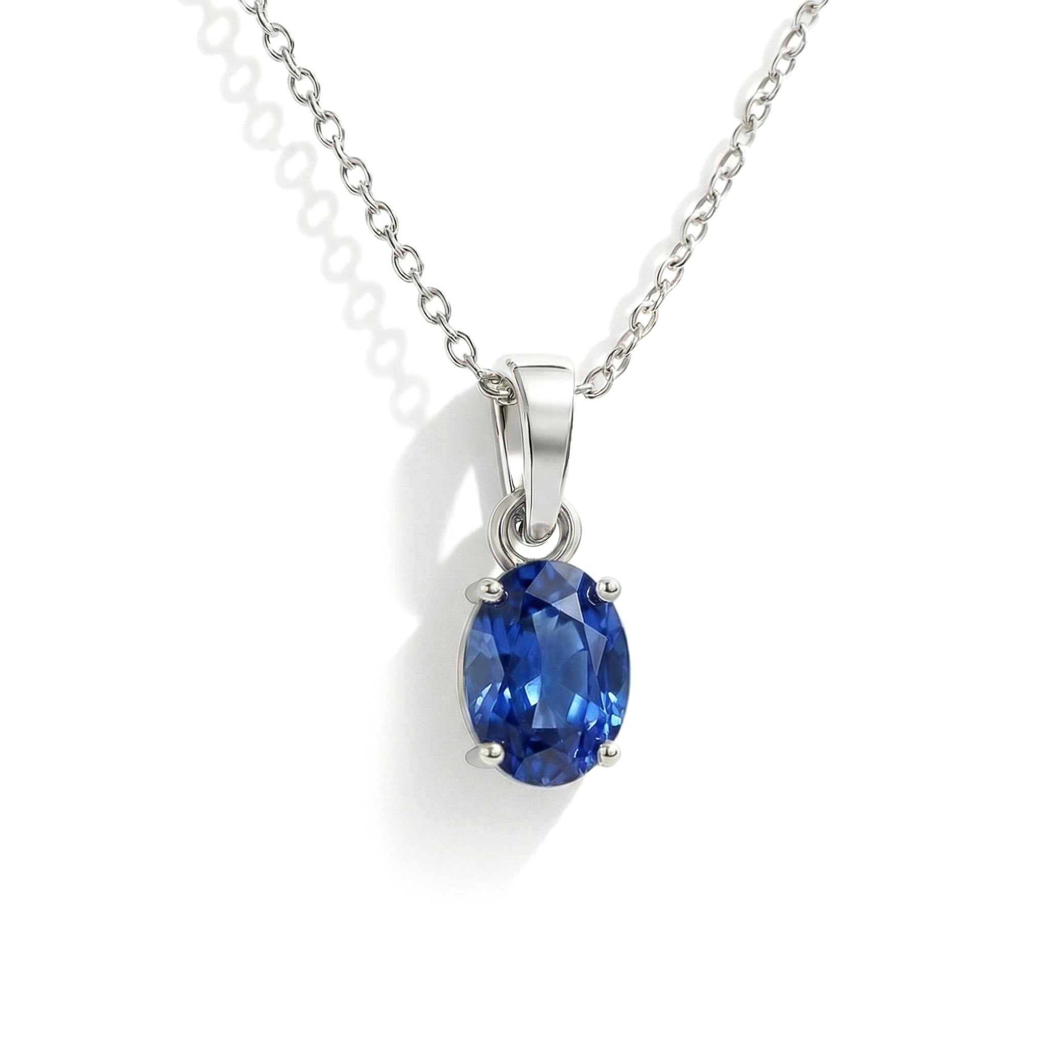 Blue Sapphire Solitaire Pendant Necklace in 925 Sterling Silver 9x7 MM 1.4ct