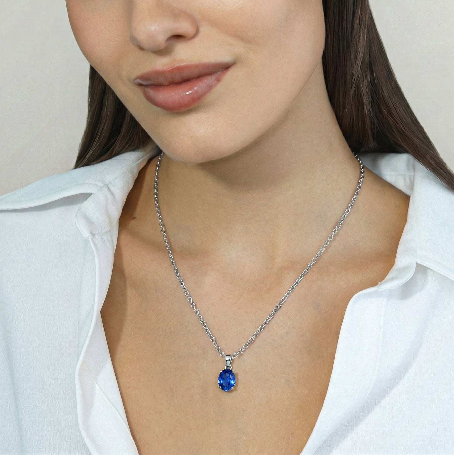 Blue Sapphire Solitaire Pendant Necklace in 925 Sterling Silver 9x7 MM 1.4ct
