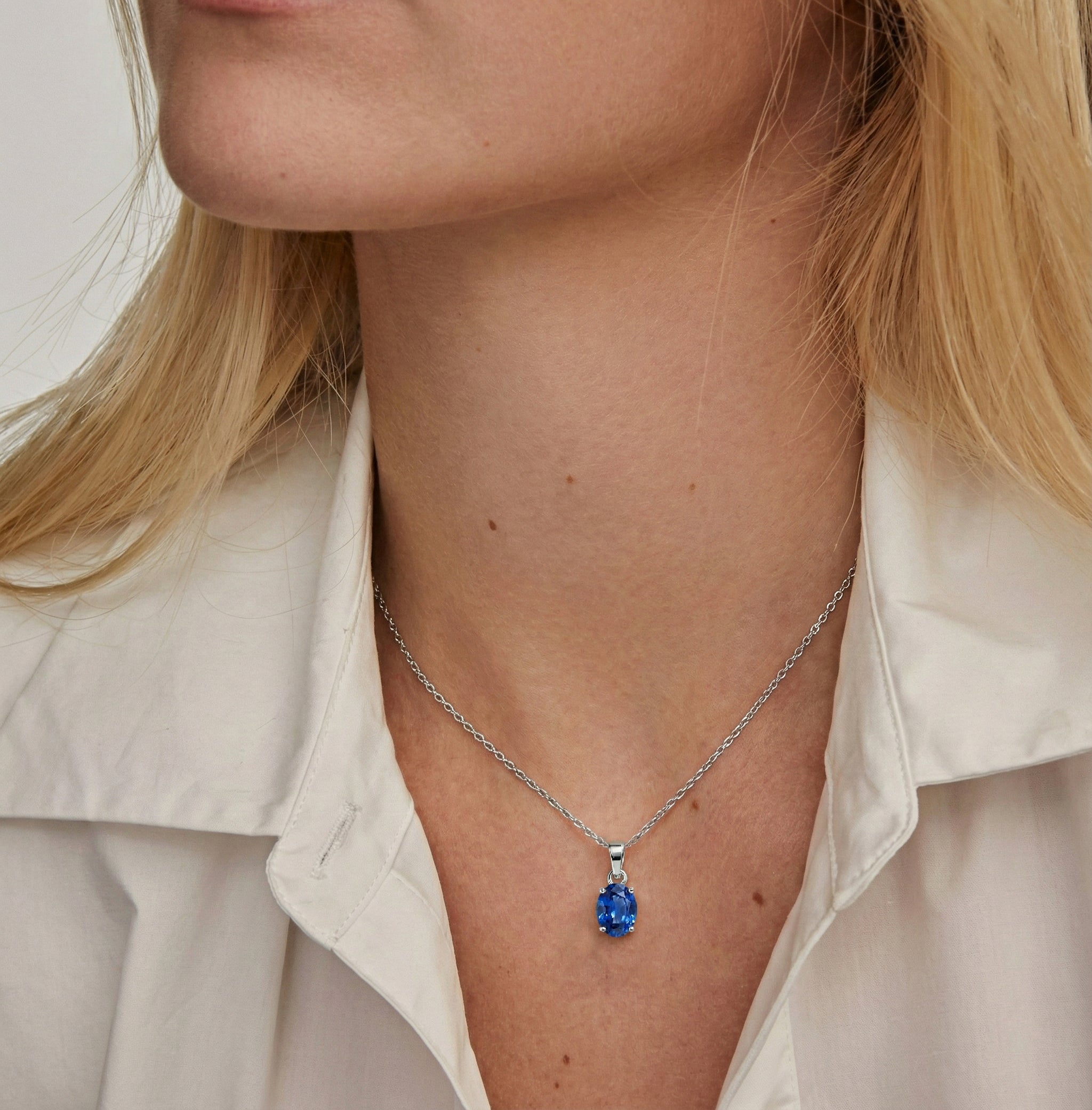 Blue Sapphire Solitaire Pendant Necklace in 925 Sterling Silver 9x7 MM 1.4ct