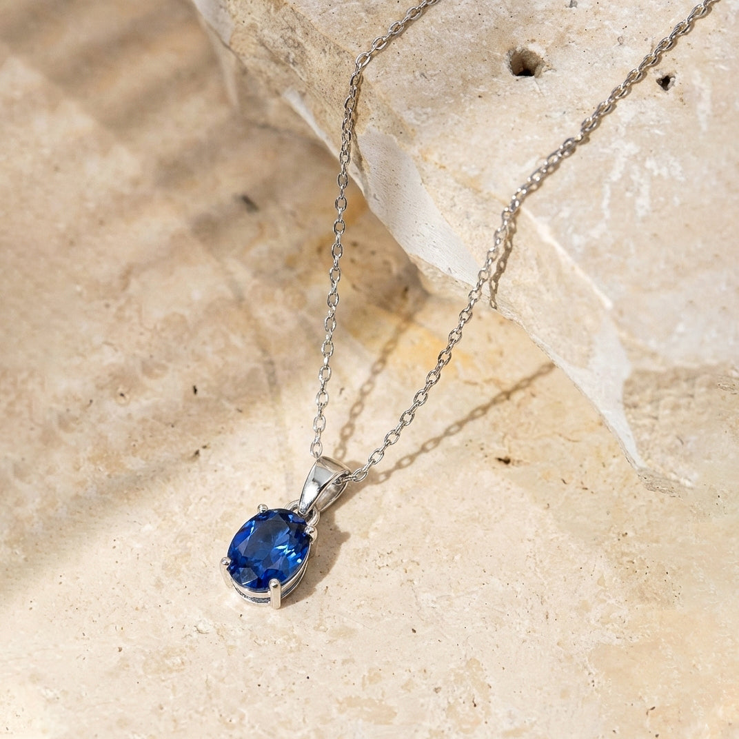 Blue Sapphire Solitaire Pendant Necklace in 925 Sterling Silver 9x7 MM 1.4ct