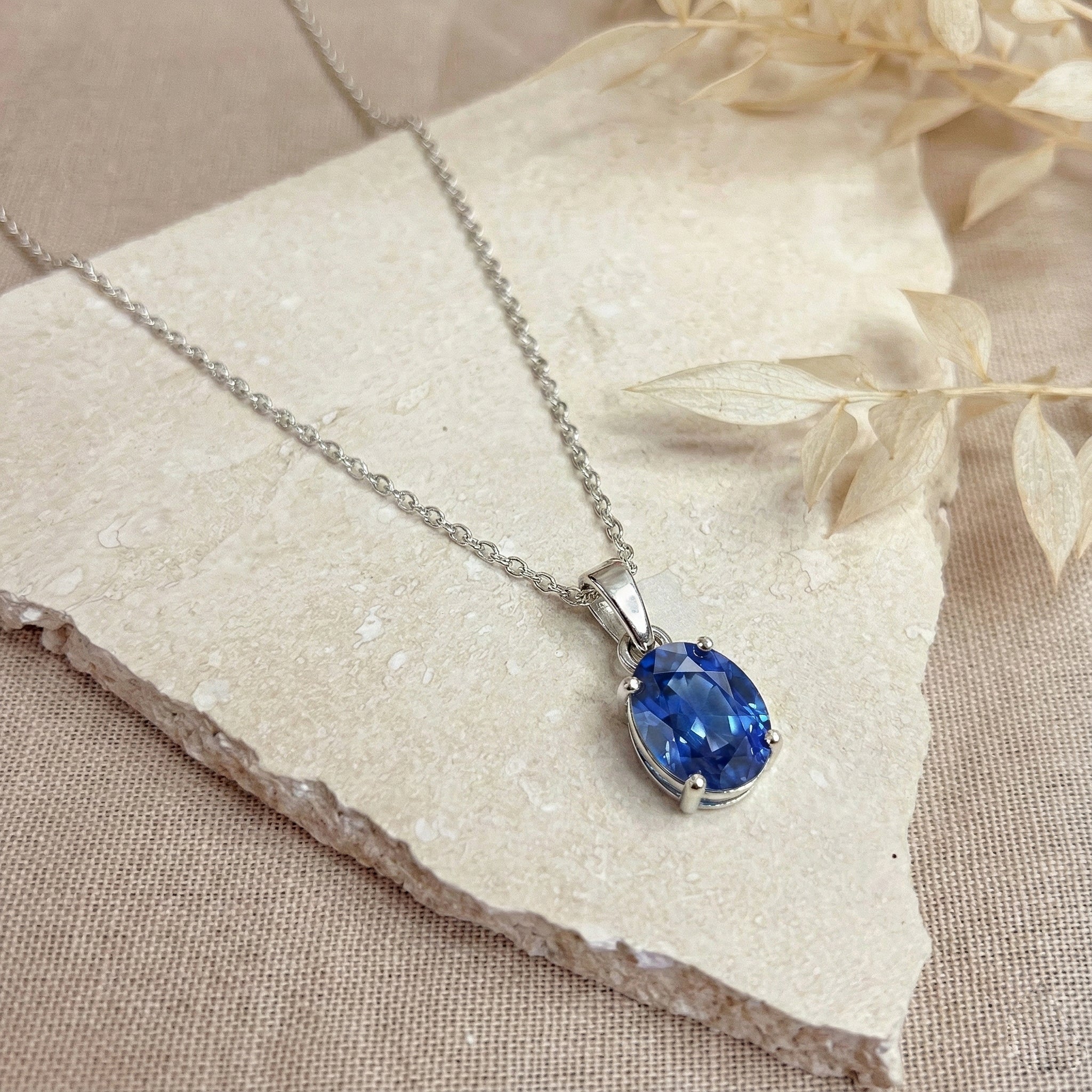 Blue Sapphire Solitaire Pendant Necklace in 925 Sterling Silver 9x7 MM 1.4ct