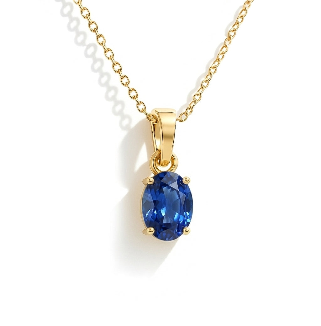 Blue Sapphire Solitaire Pendant Necklace in 925 Sterling Silver 9x7 MM 1.4ct