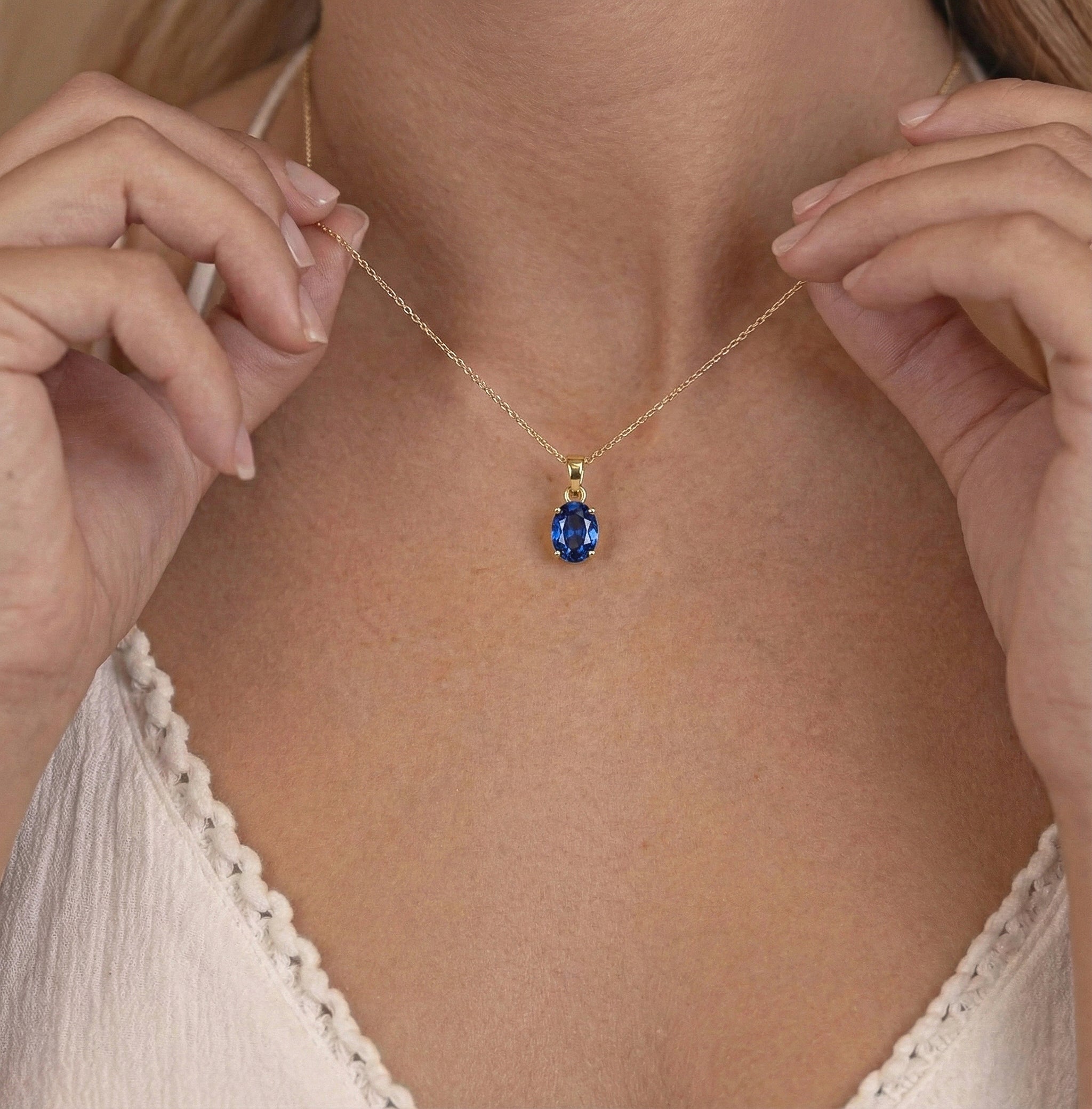 Blue Sapphire Solitaire Pendant Necklace in Yellow Gold Plated 9x7 MM 1.4ct