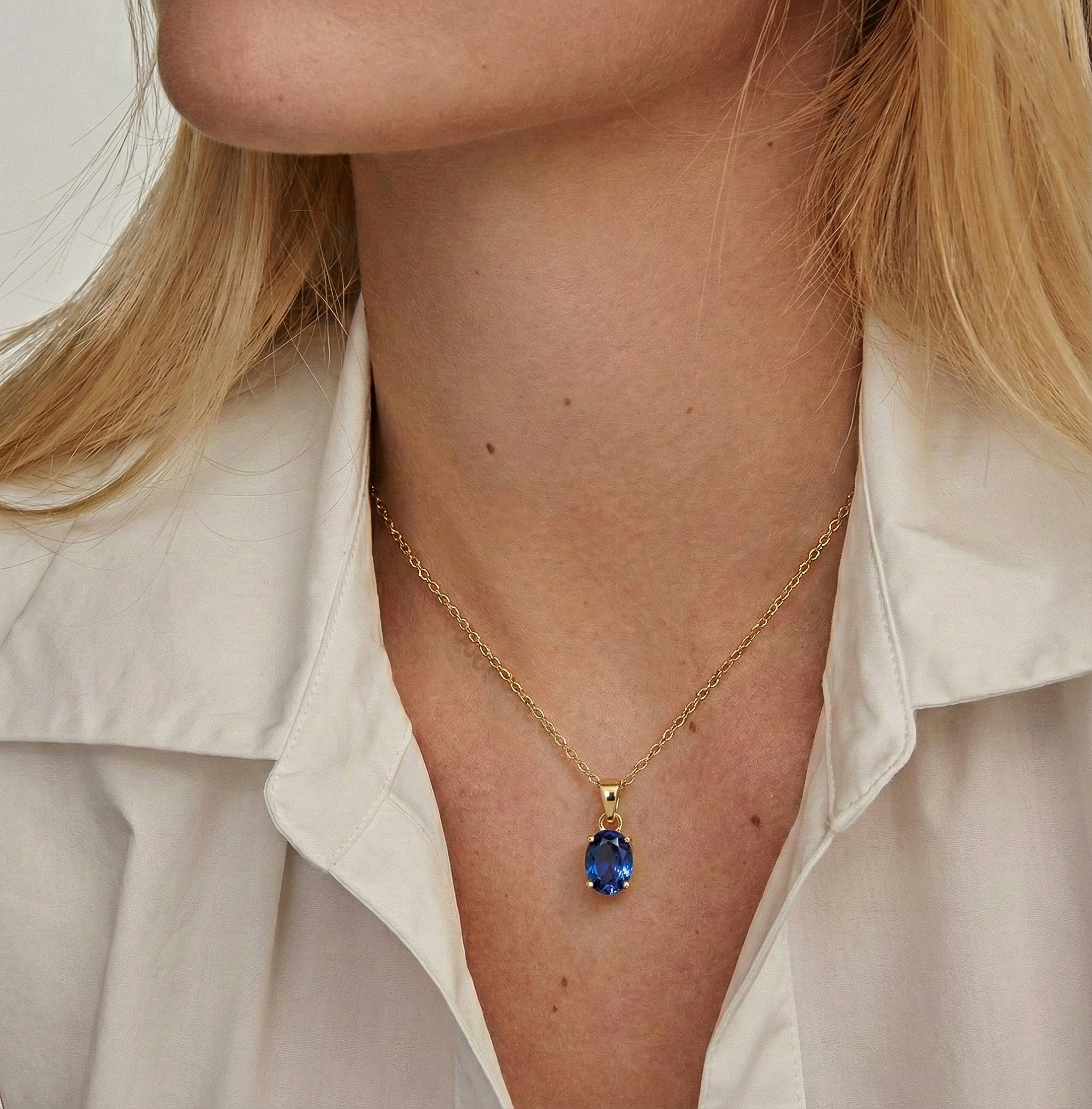 Blue Sapphire Solitaire Pendant Necklace in Yellow Gold Plated 9x7 MM 1.4ct