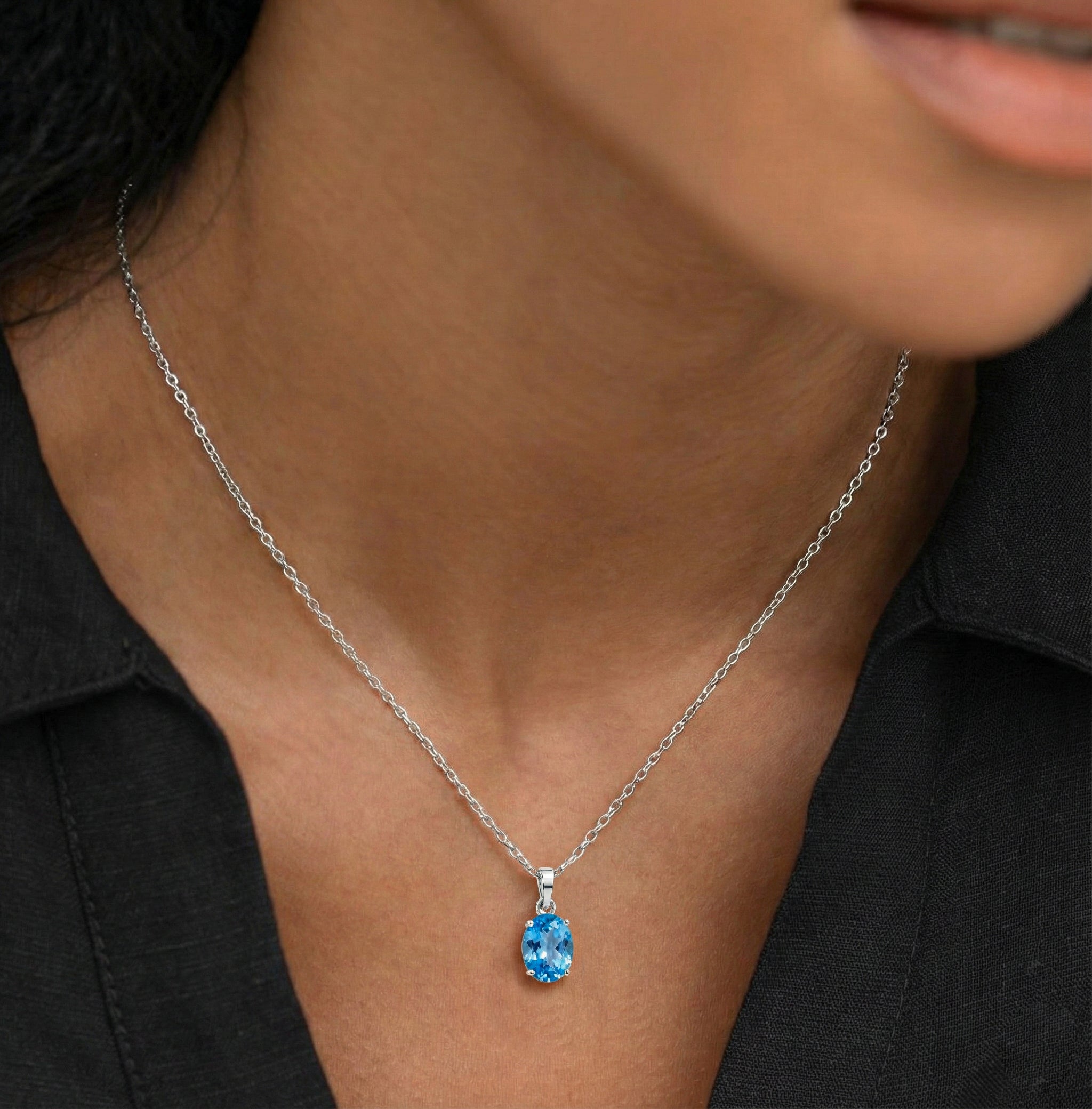 Blue Topaz Solitaire Pendant Necklace in 925 Sterling Silver 9x7 MM 1.4ct