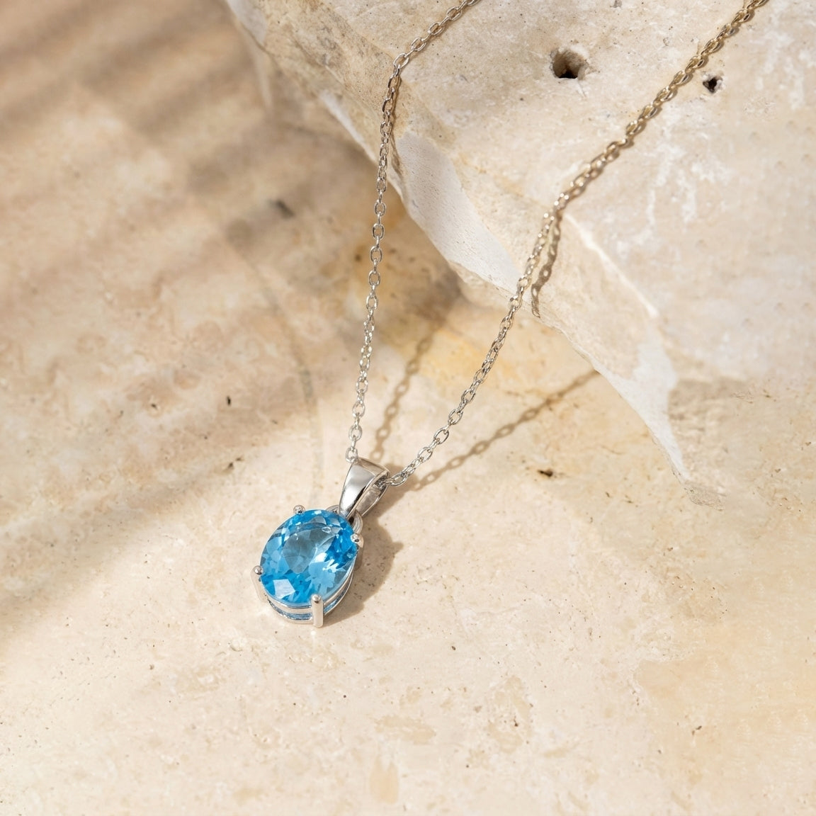 Blue Topaz Solitaire Pendant Necklace in 925 Sterling Silver 9x7 MM 1.4ct