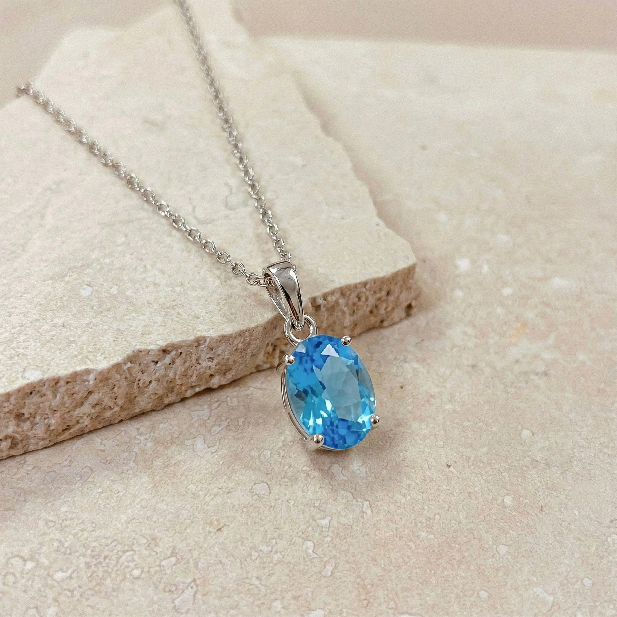 Blue Topaz Solitaire Pendant Necklace in 925 Sterling Silver 9x7 MM 1.4ct