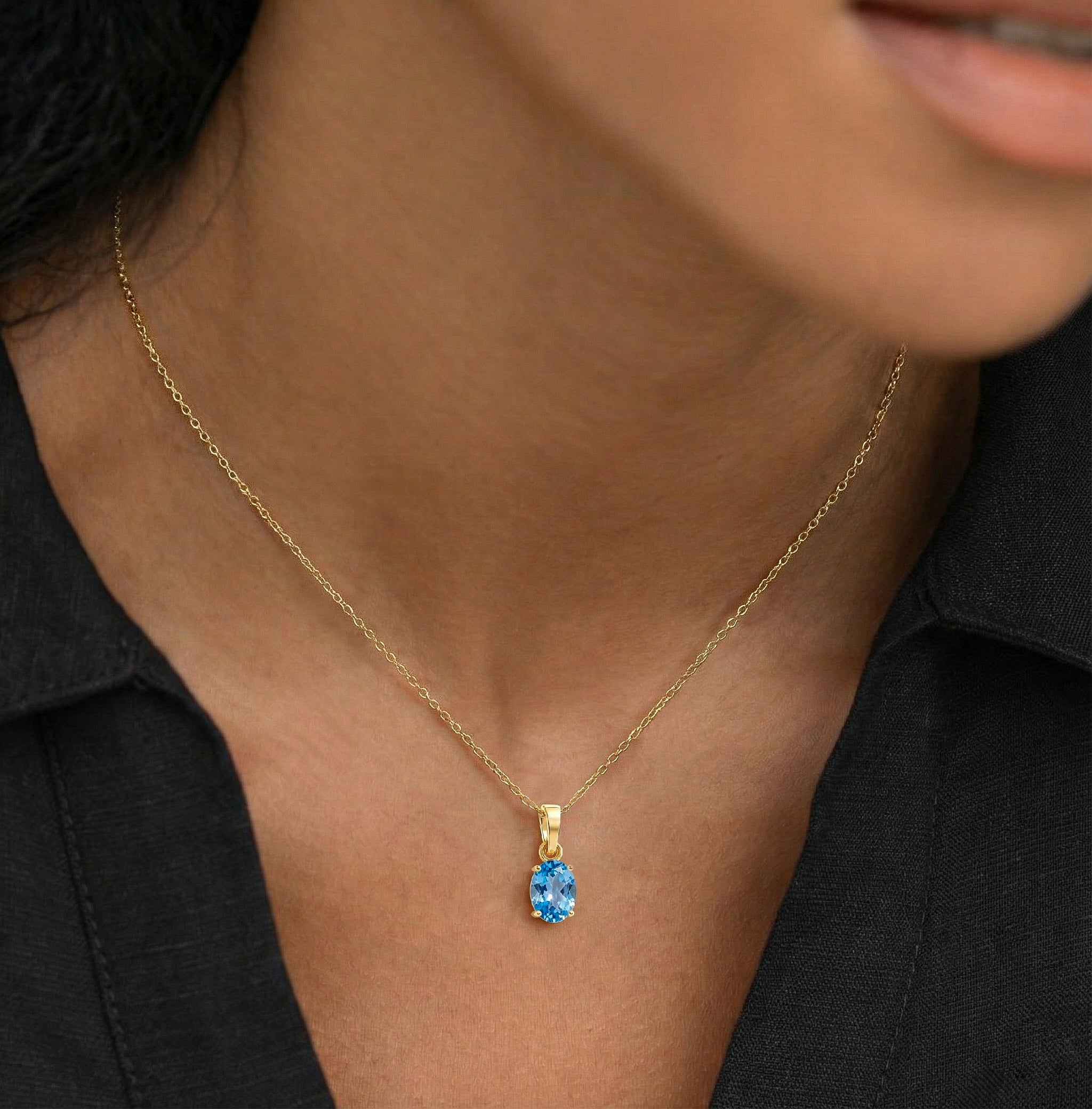 Blue Topaz Solitaire Pendant Necklace in 925 Sterling Silver 9x7 MM 1.4ct