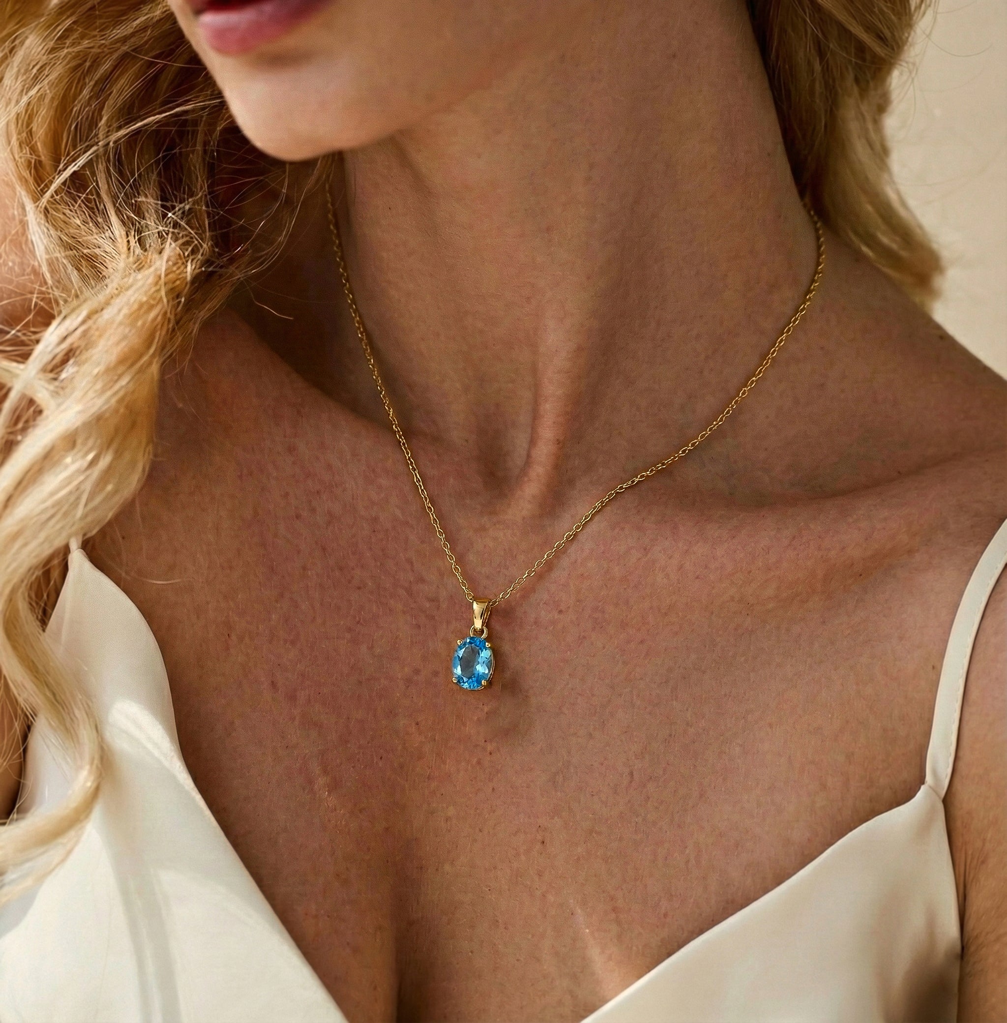 Blue Topaz Solitaire Pendant Necklace in Yellow Gold Plated 9x7 MM 1.4ct