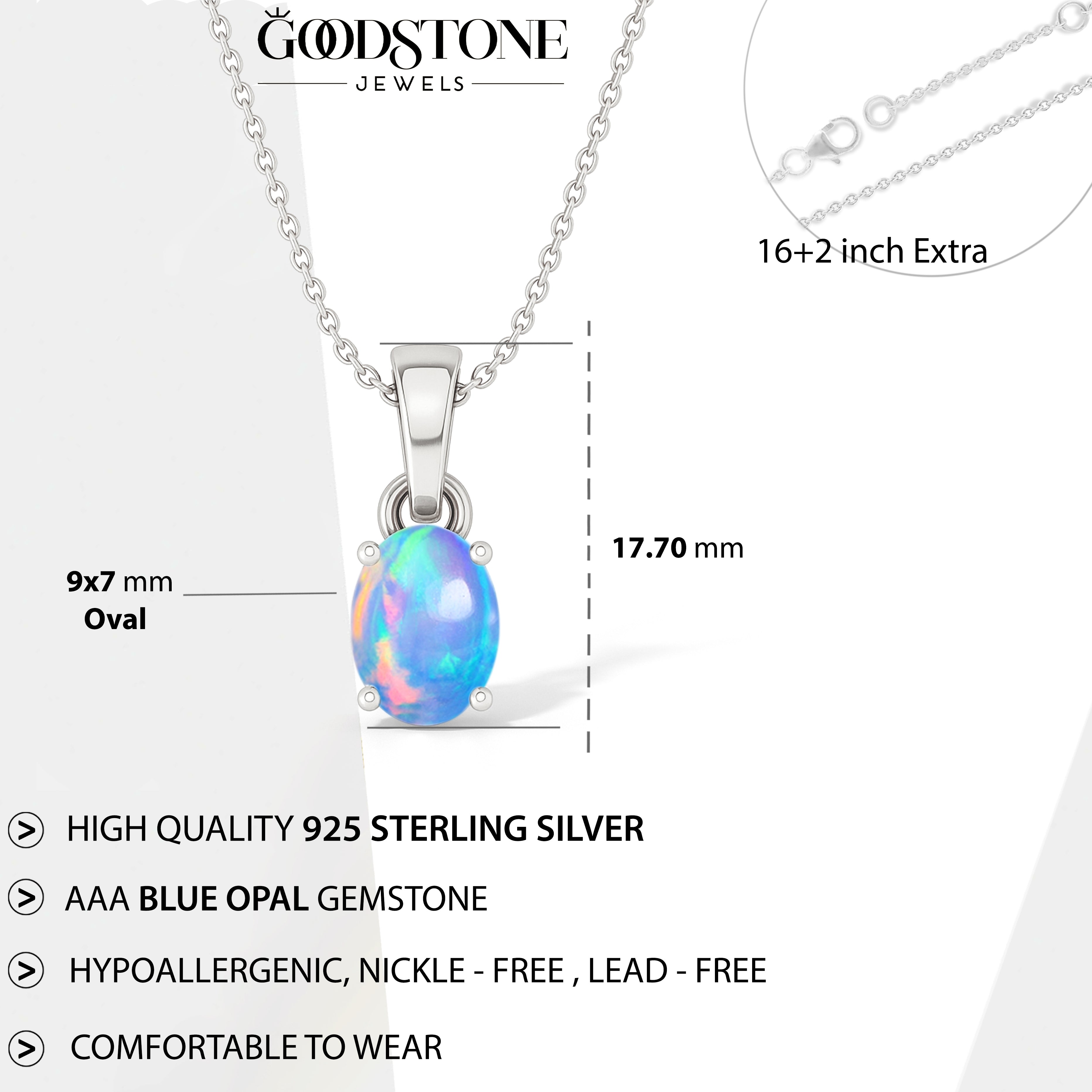 Blue Opal Oval Teardrop Pendant Necklace in 925 Sterling Silver 1.20ct
