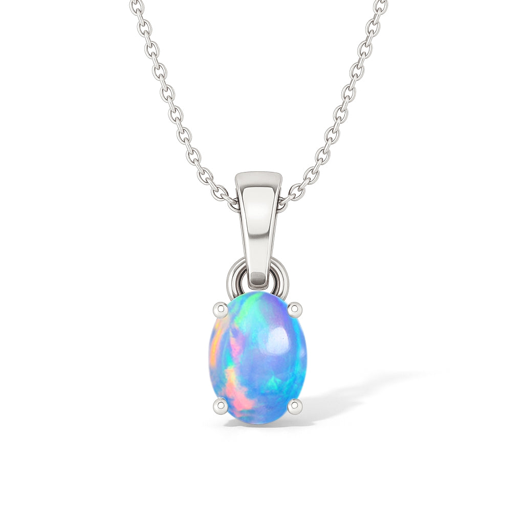 Natural Blue Opal Oval Solitaire Pendant Necklace in 925 Sterling Silver 1.20ct