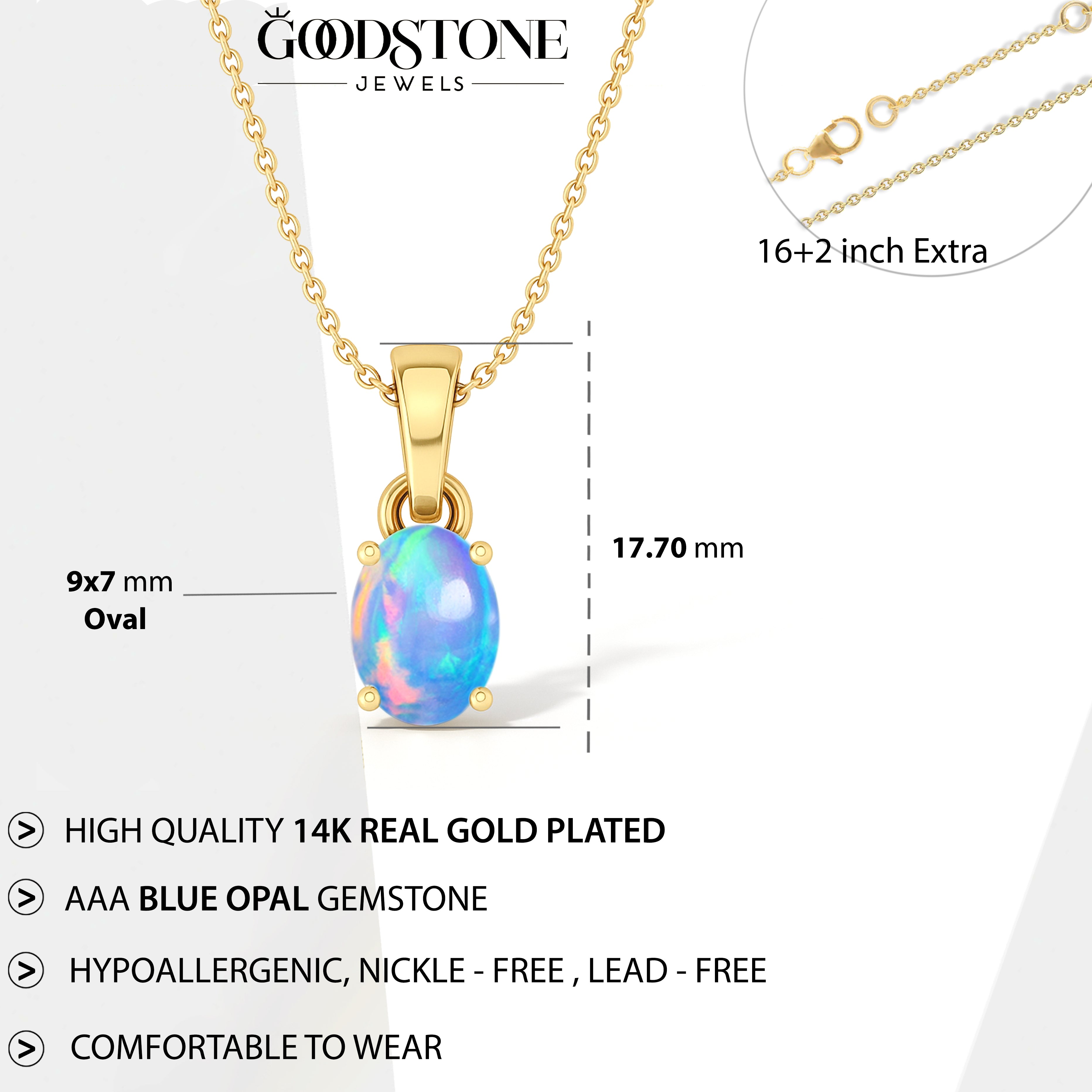 Blue Opal Oval Teardrop Pendant Necklace in 925 Sterling Silver 1.20ct