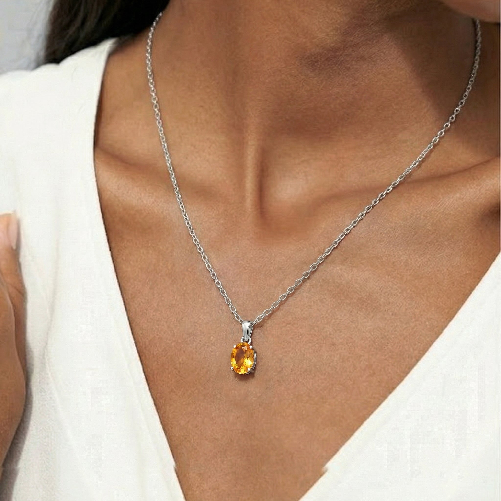 Citrine Solitaire Pendant Necklace in 925 Sterling Silver 9x7 MM 1.4ct