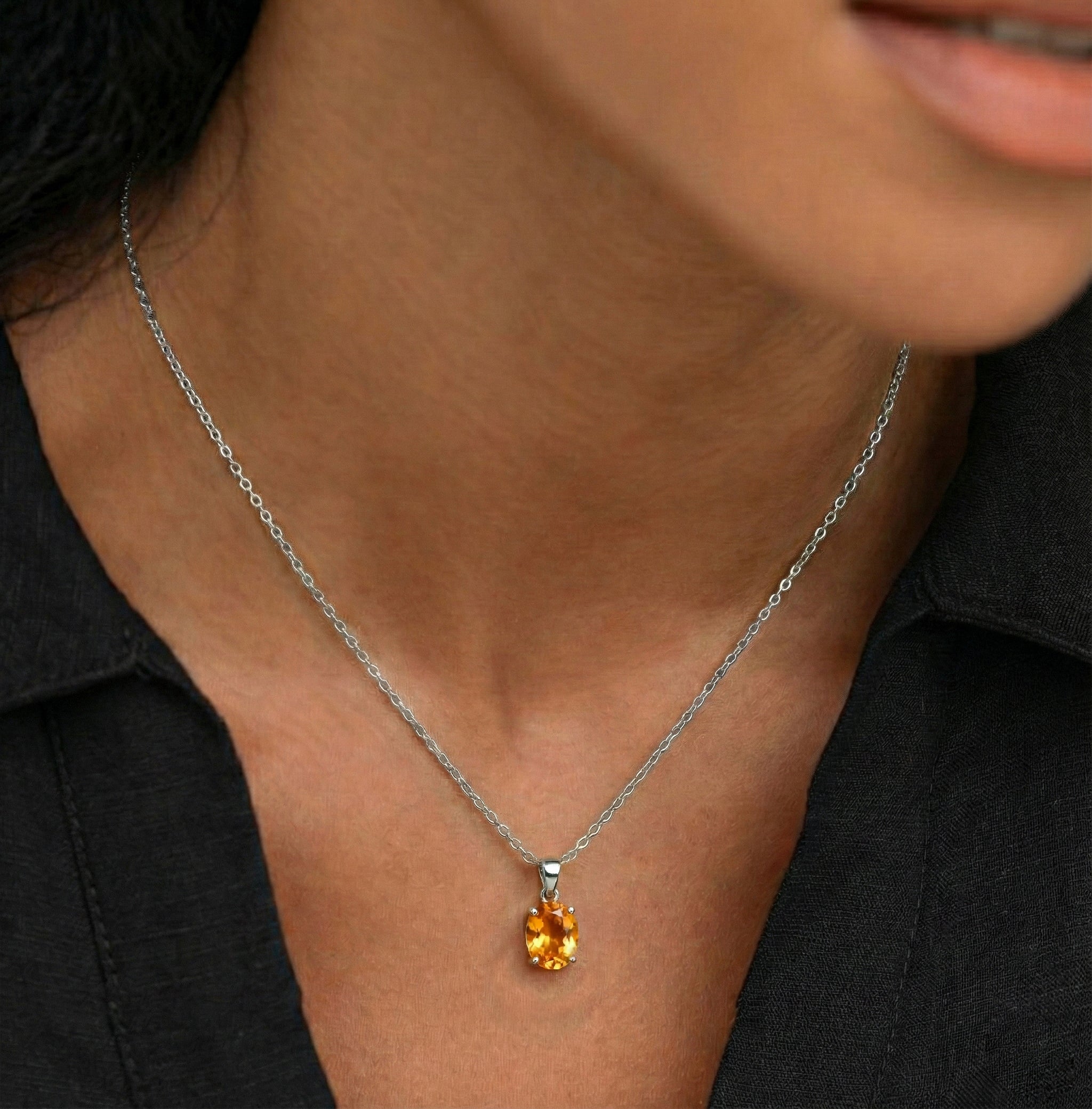 Citrine Solitaire Pendant Necklace in 925 Sterling Silver 9x7 MM 1.4ct