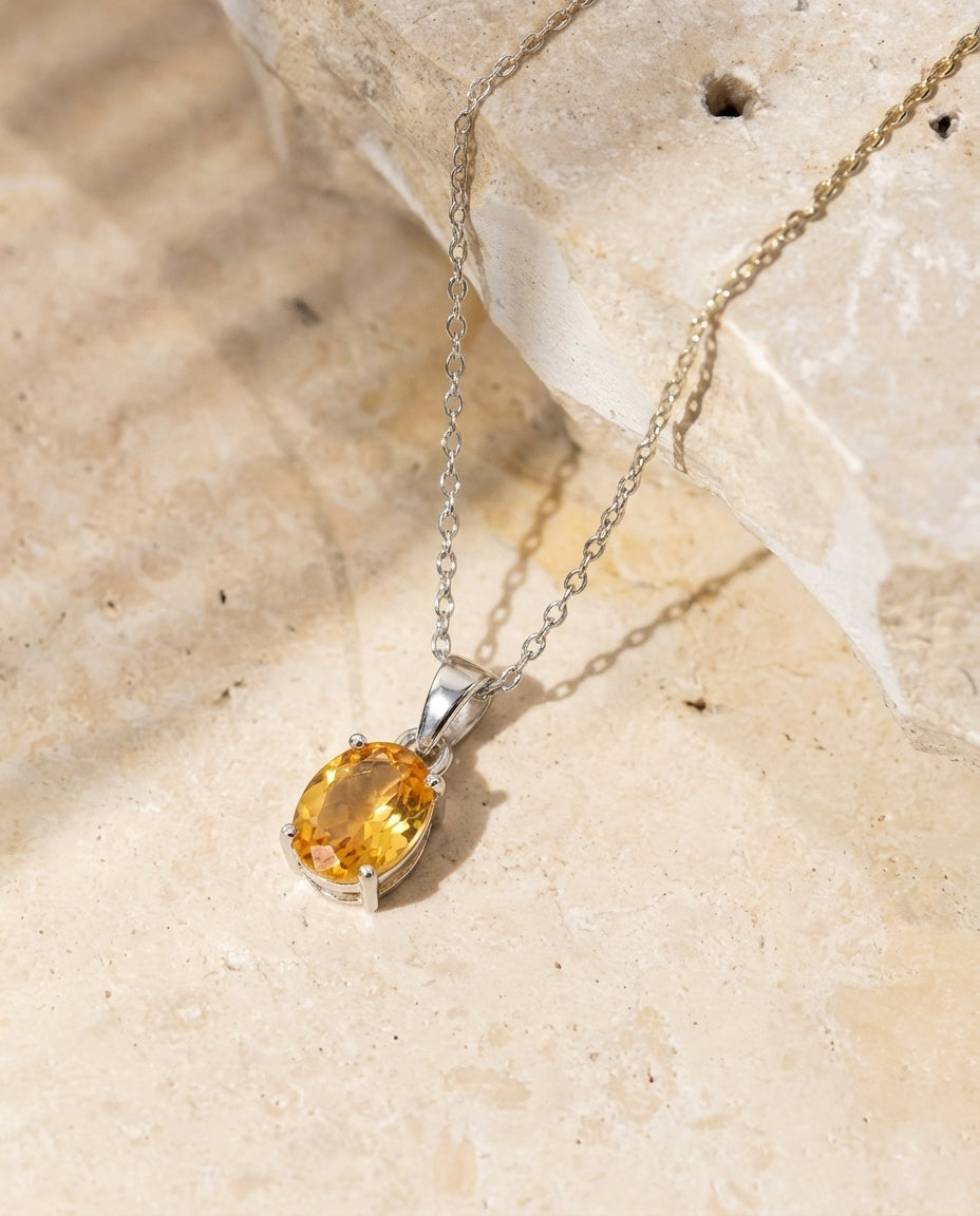 Citrine Solitaire Pendant Necklace in 925 Sterling Silver 9x7 MM 1.4ct