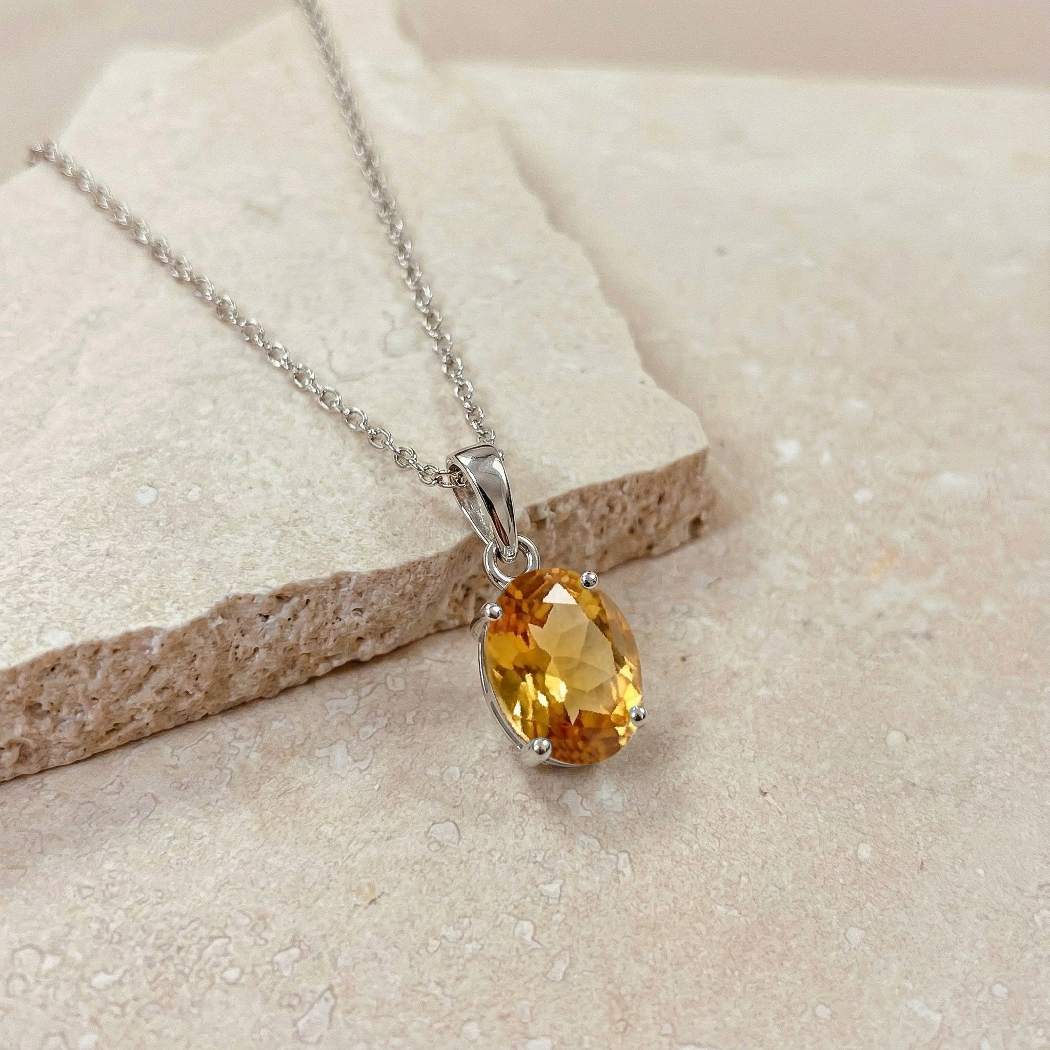 Citrine Solitaire Pendant Necklace in 925 Sterling Silver 9x7 MM 1.4ct