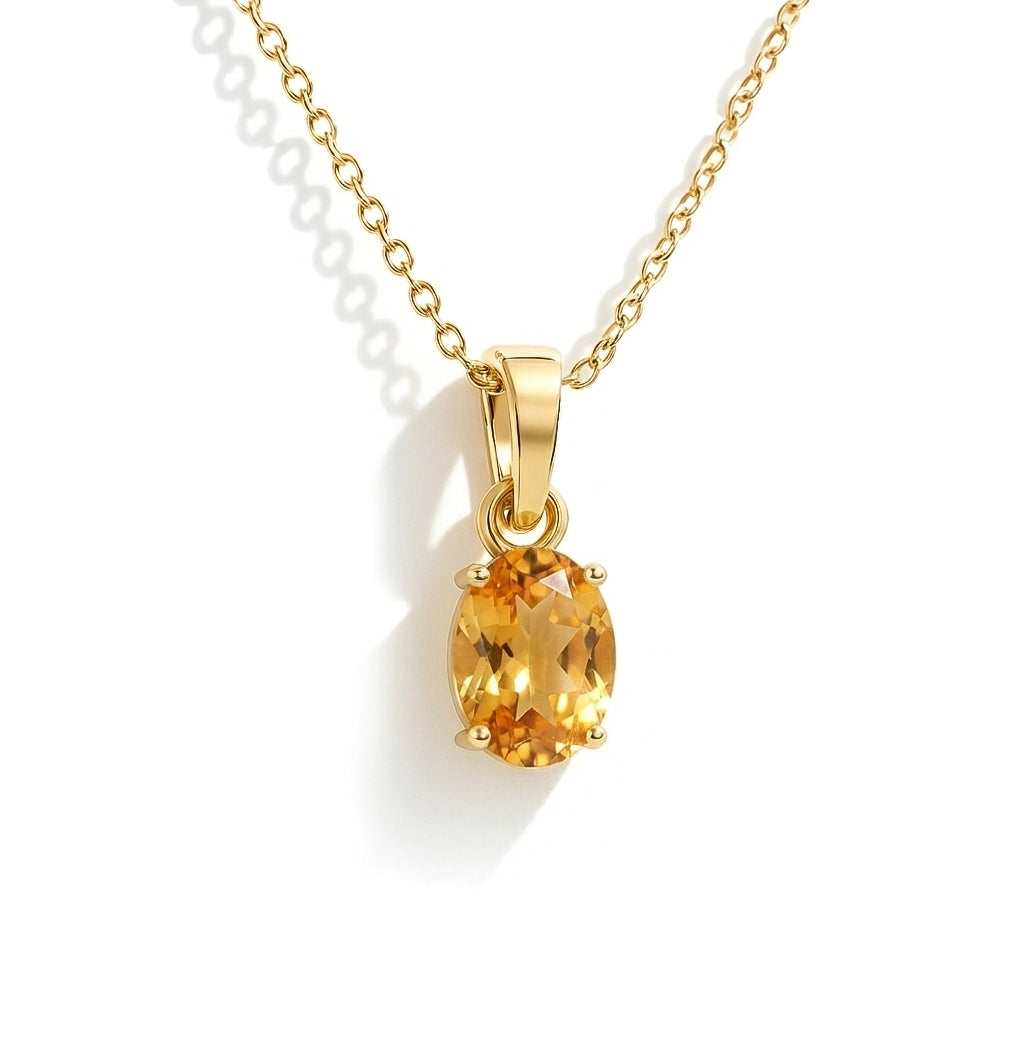 Citrine Solitaire Pendant Necklace in Yellow Gold Plated 9x7 MM 1.4ct
