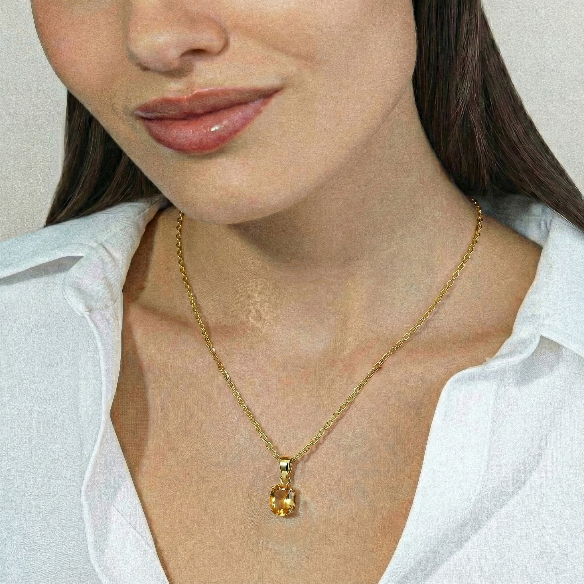 Citrine Solitaire Pendant Necklace in Yellow Gold Plated 9x7 MM 1.4ct