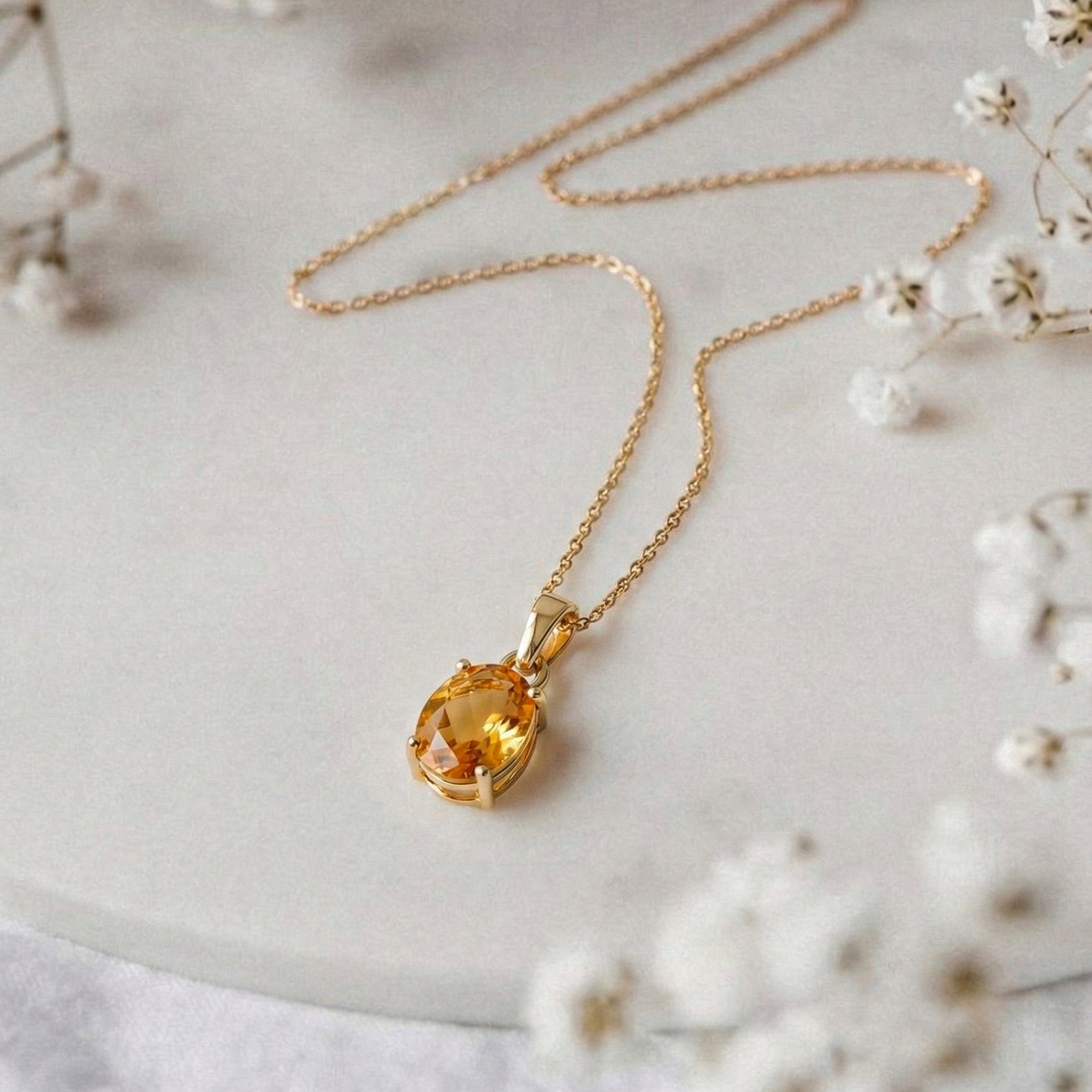 Citrine Solitaire Pendant Necklace in Yellow Gold Plated 9x7 MM 1.4ct