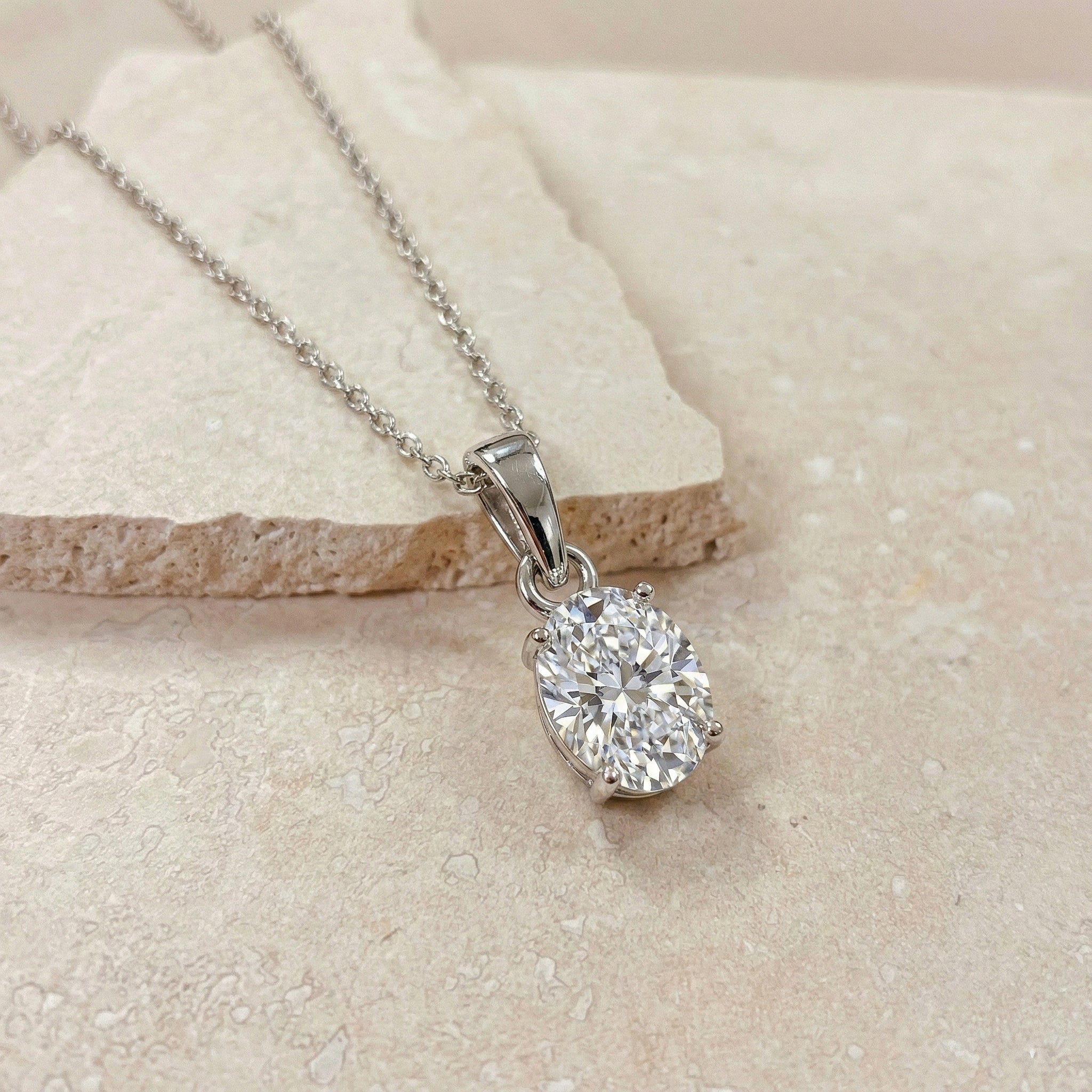 Cubic Zirconia Solitaire Pendant Necklace in 925 Sterling Silver 9x7 MM 1.4ct