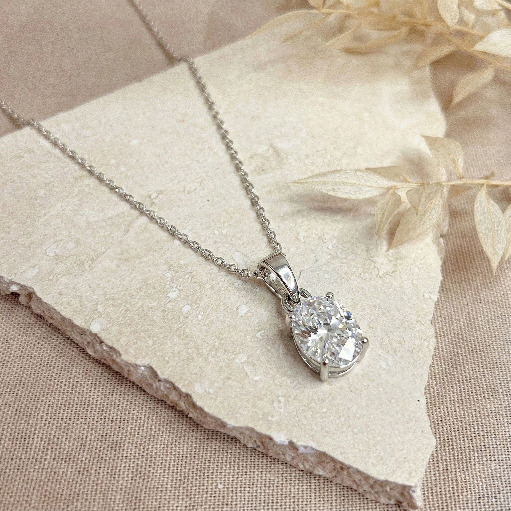 Cubic Zirconia Solitaire Pendant Necklace in 925 Sterling Silver 9x7 MM 1.4ct