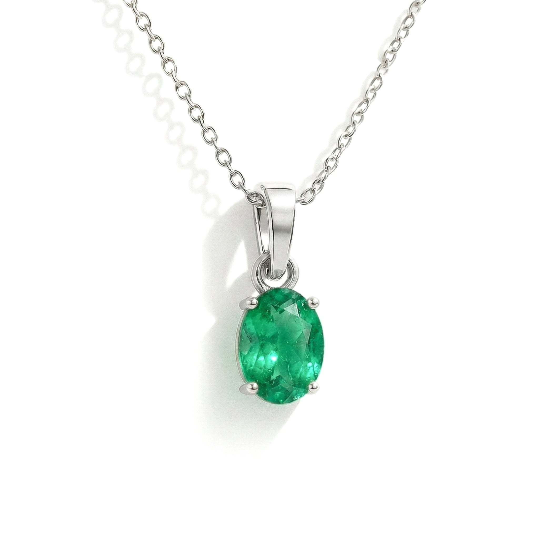 Emerald Solitaire Pendant Necklace in 925 Sterling Silver 9x7 MM 1.4ct