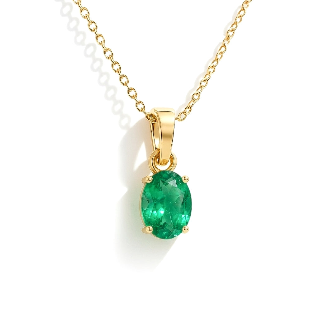 Emerald Solitaire Pendant Necklace in Yellow Gold Plated 9x7 MM 1.4ct