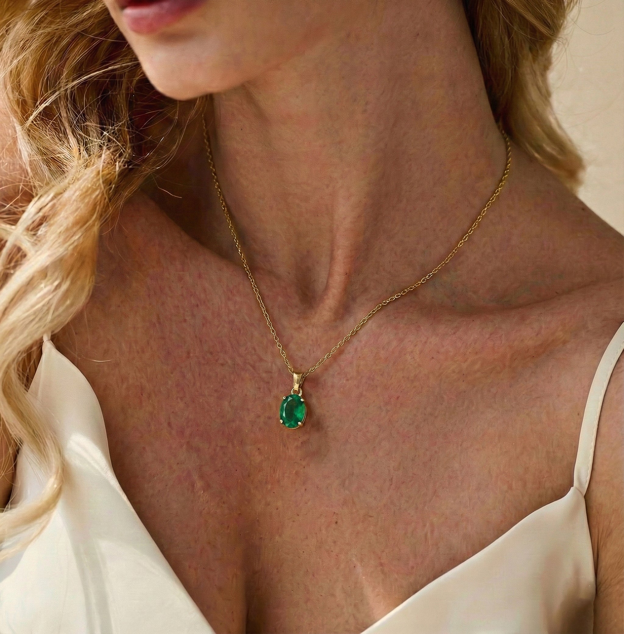 Emerald Solitaire Pendant Necklace in Yellow Gold Plated 9x7 MM 1.4ct